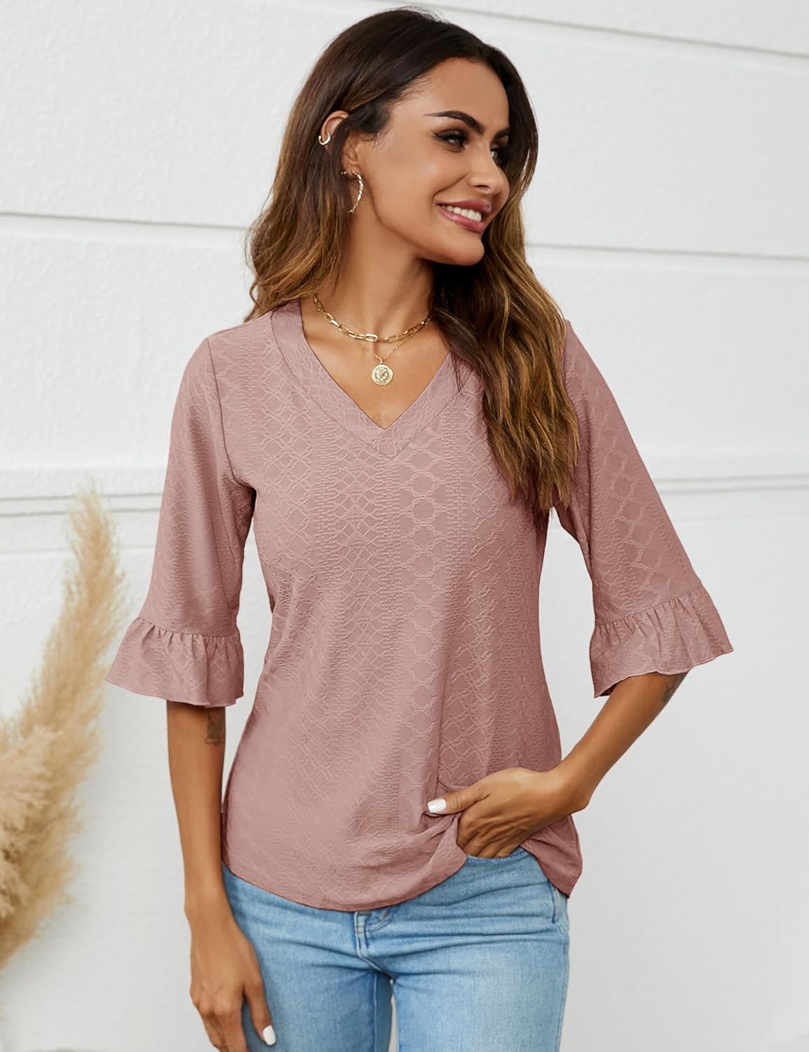 LOMON Womens 3/4 Sleeve Tops Summer Loose V-Neck Shirts Dressy Casual Ruffle Sleeve Tunic Blouses - Image 4