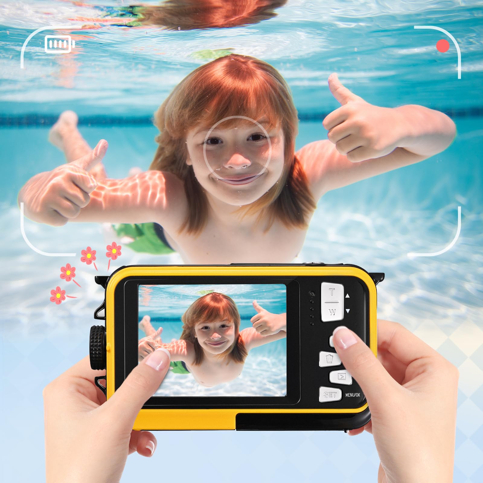 Fotocamera Digitale Impermeabile,Couleeur Macchina Fotografica Subacquea Full HD 2.7K 48MP Doppio Schermo Anti-Shake con Microfono LED Autoscatto e Zoom Digitale 16X per Bambini Adolescenti(Giallo)