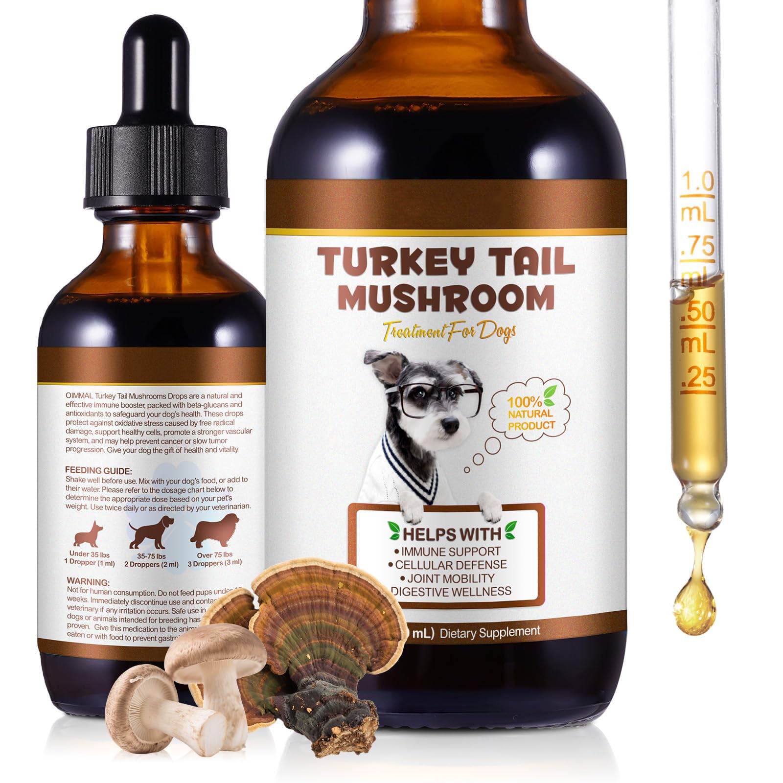 Turkey Tail Mushroom for Dogs, Dogs Turkey Tail Mushroom Liquid Supplement for Immune & Digestive, Joint Energy Support, 5X Mushrooms with Probiotic & Turmeric | 100% Natural, Alcohol-Free, 60ml