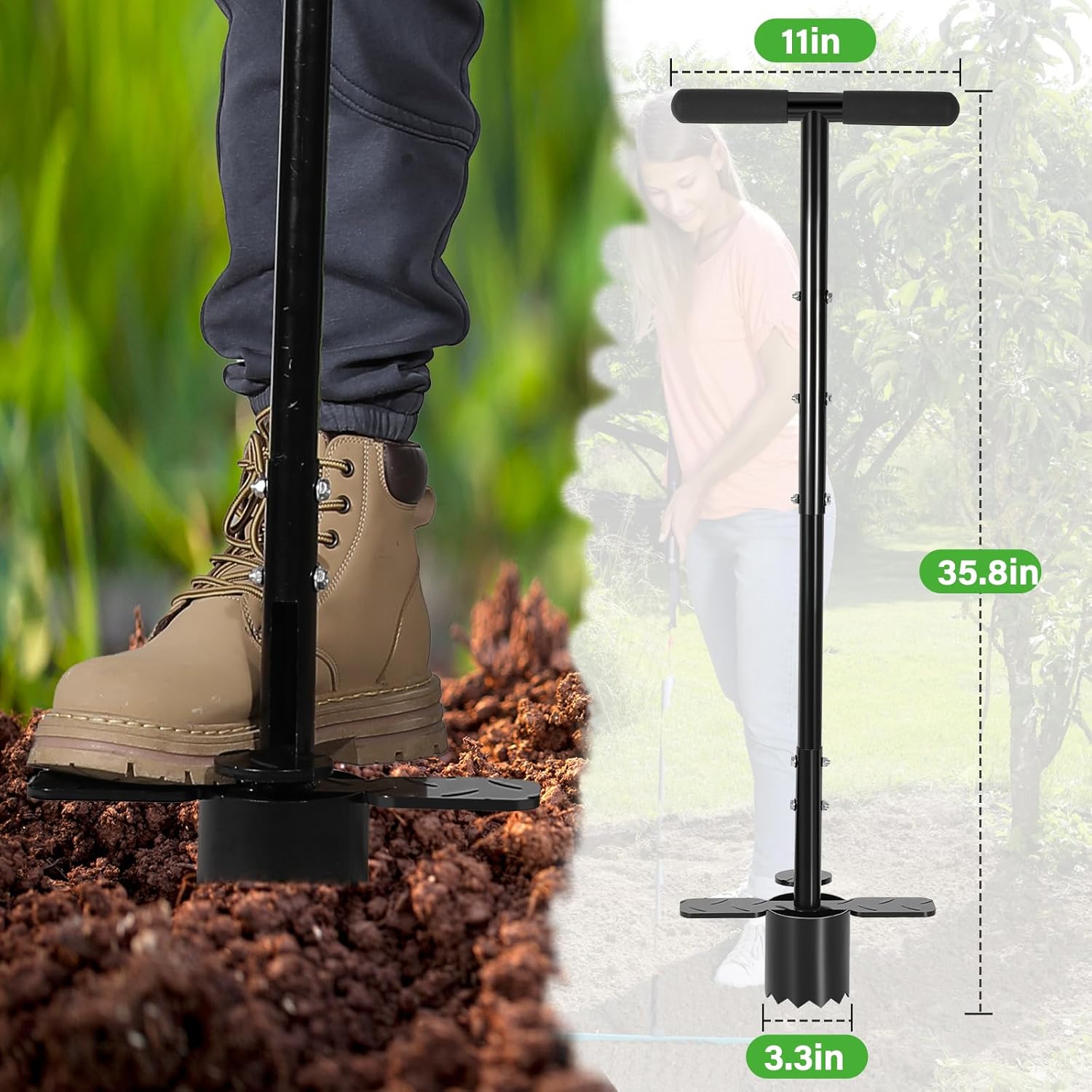 Sod Plugger 5-in-1 Bulb Planter Tool Long Handle, Height Adjustable, with Dual Pedals, Sharp Serrations, Non-slip PVC Handle, for Grass Plugger, Sod Remover, Transplanting, Lawn and Garden Tool