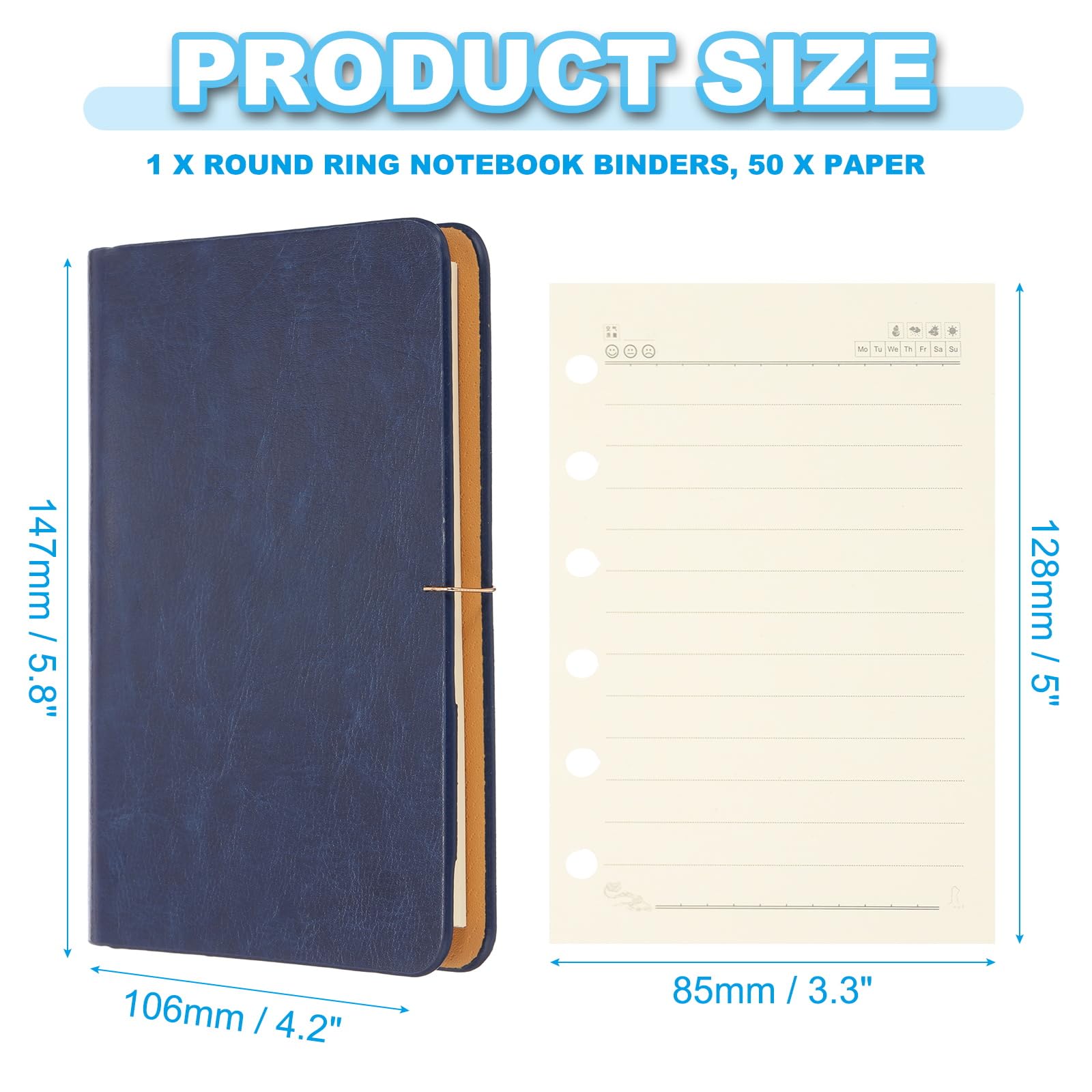 PATIKIL 6 Ring Binder Cover, A7 Leather Notebook Binder Mini Refillable Loose Leaf Personal Planner with 50 Sheets Line Paper, Blue - Image 2