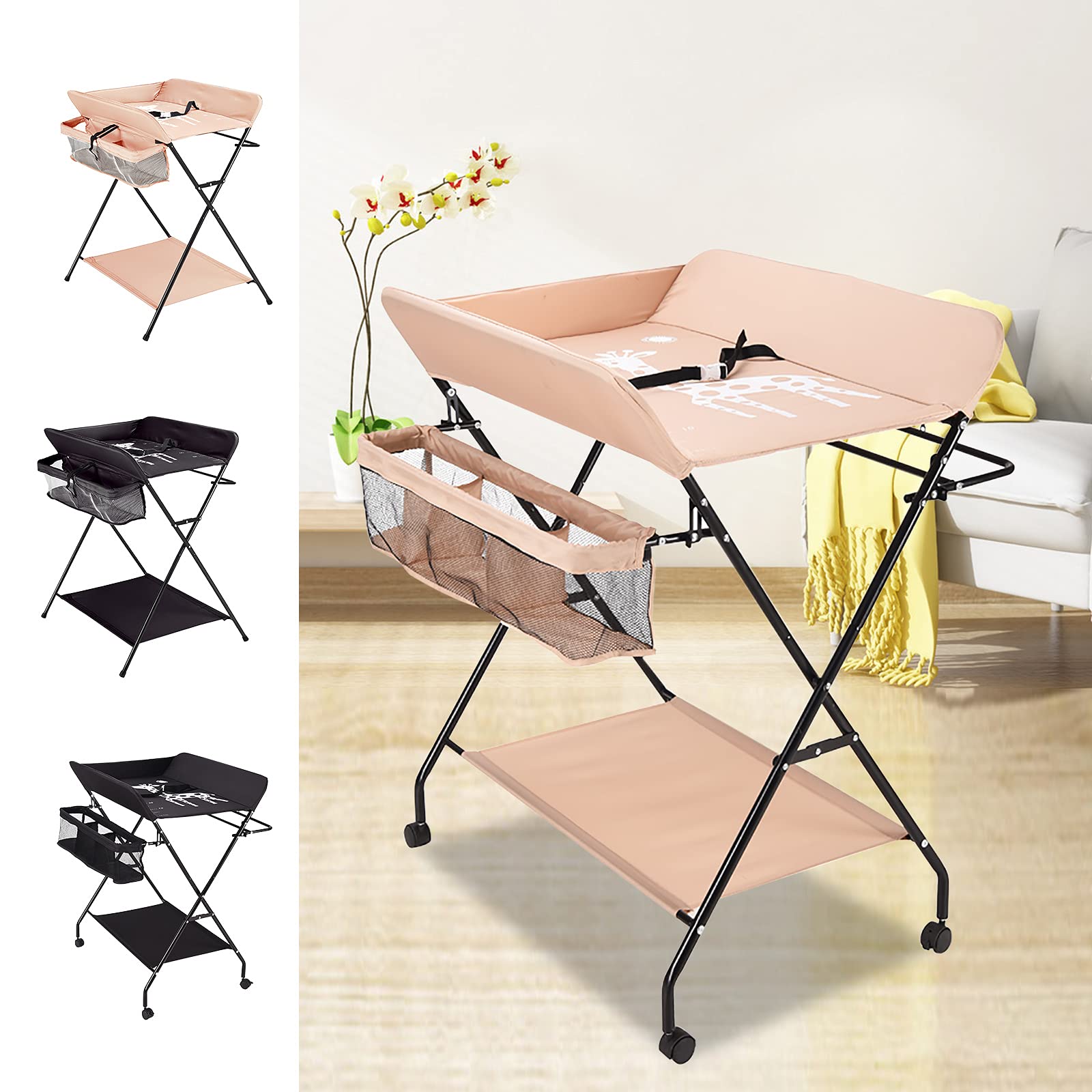 Baby Wickelkommode Klappbare Wickelauflage Wickelkombi Mobiler Wickeltisch Baby Changing Table Mit Mobil Rollen 80 * 63 * 96cm Für Babys Bis 12 Monate
