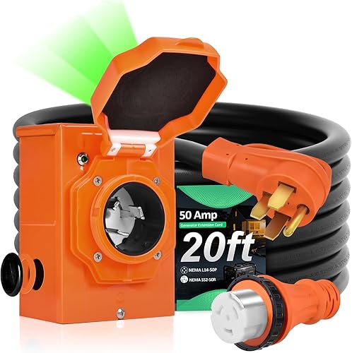 H HZXVOGEN Kit de cable generador de 50 amperios y caja de entrada de alimentación, cable de extensión de RV de 20 pies, NEMA 14-50P/SS2-50R STW