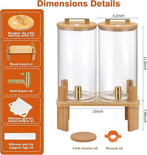 Miniatura 2 de Paquete de 2 dispensadores de bebidas de vidrio de 1.5 galones, dispensador de bebidas con soporte de madera, dispensador de limonada con válvula