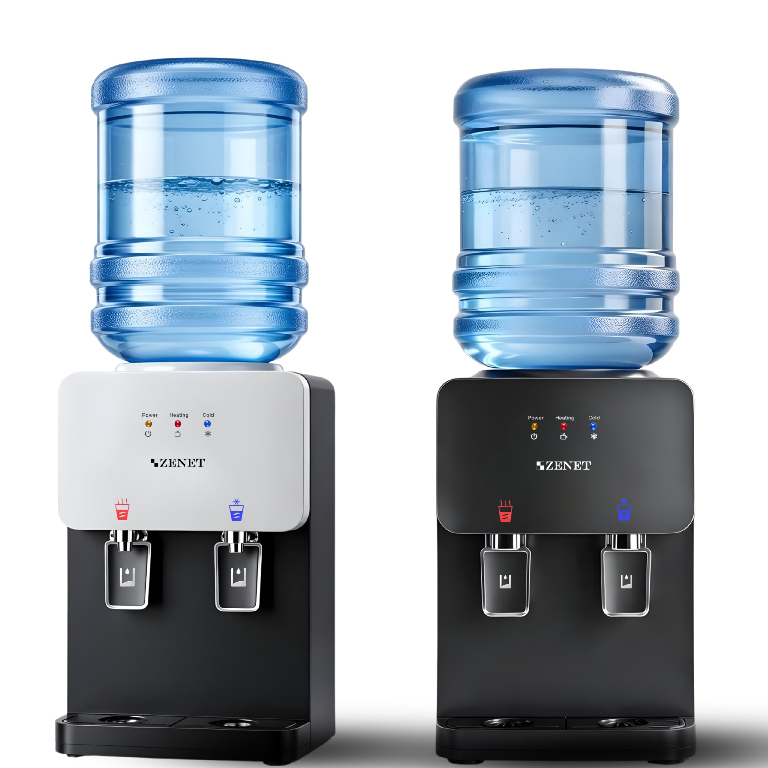 ZENET Wasserspender, Elektrischer Heiß- & Kaltwasserspender (Schwarz/Weiß) | Wasserkühler für Zuhause, Küchen und Büro, Klein Tisch-Wasserautomat mit Kühlung, Ohne Wasseranschluss, 19-20L Gallonen