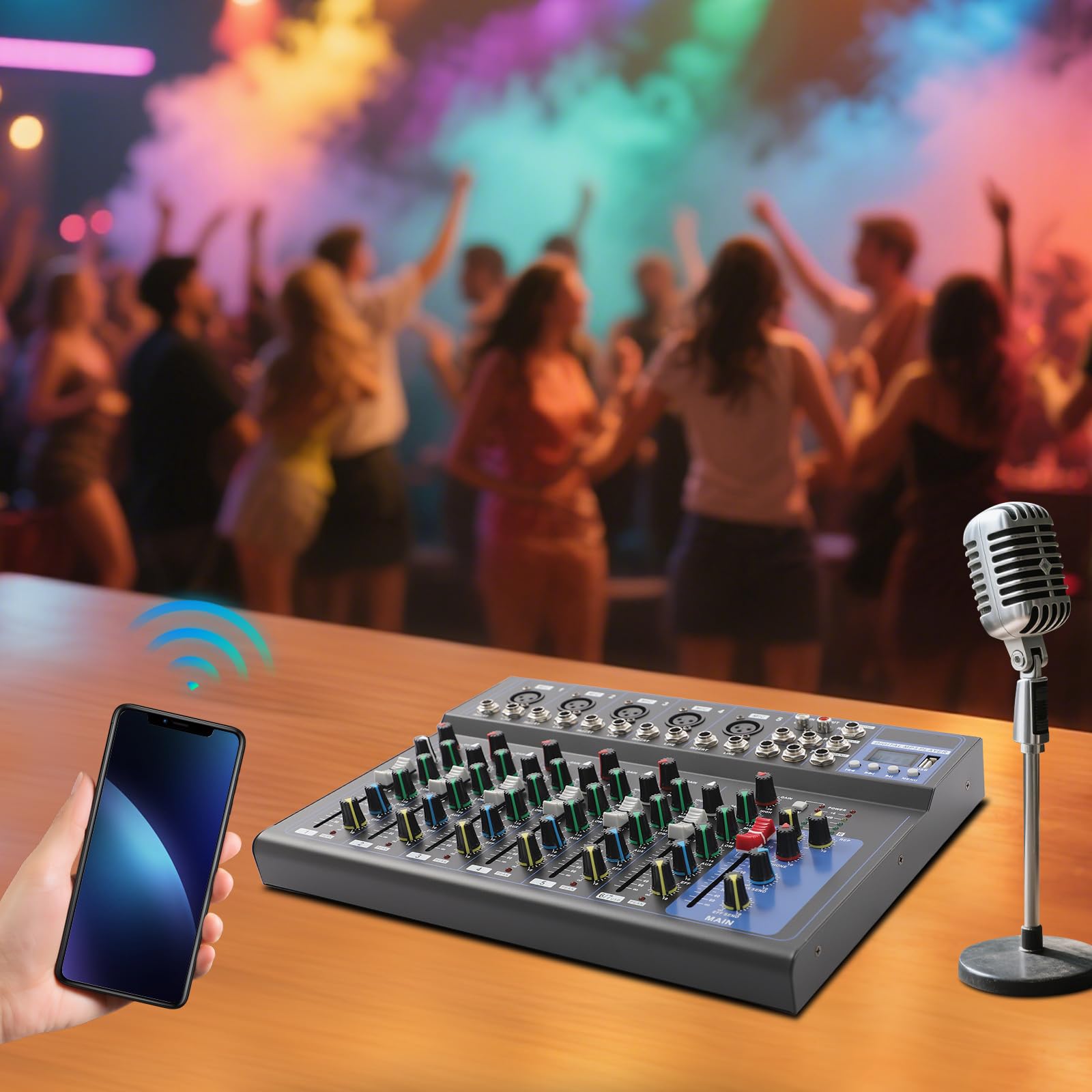 Mesa de mezclas, mezclador de audio de 7 canales, controlador de DJ, mesa de mezclas DJ con seis estilos de música integrados, ecualizador estéreo para la grabación de aplicaciones de música de