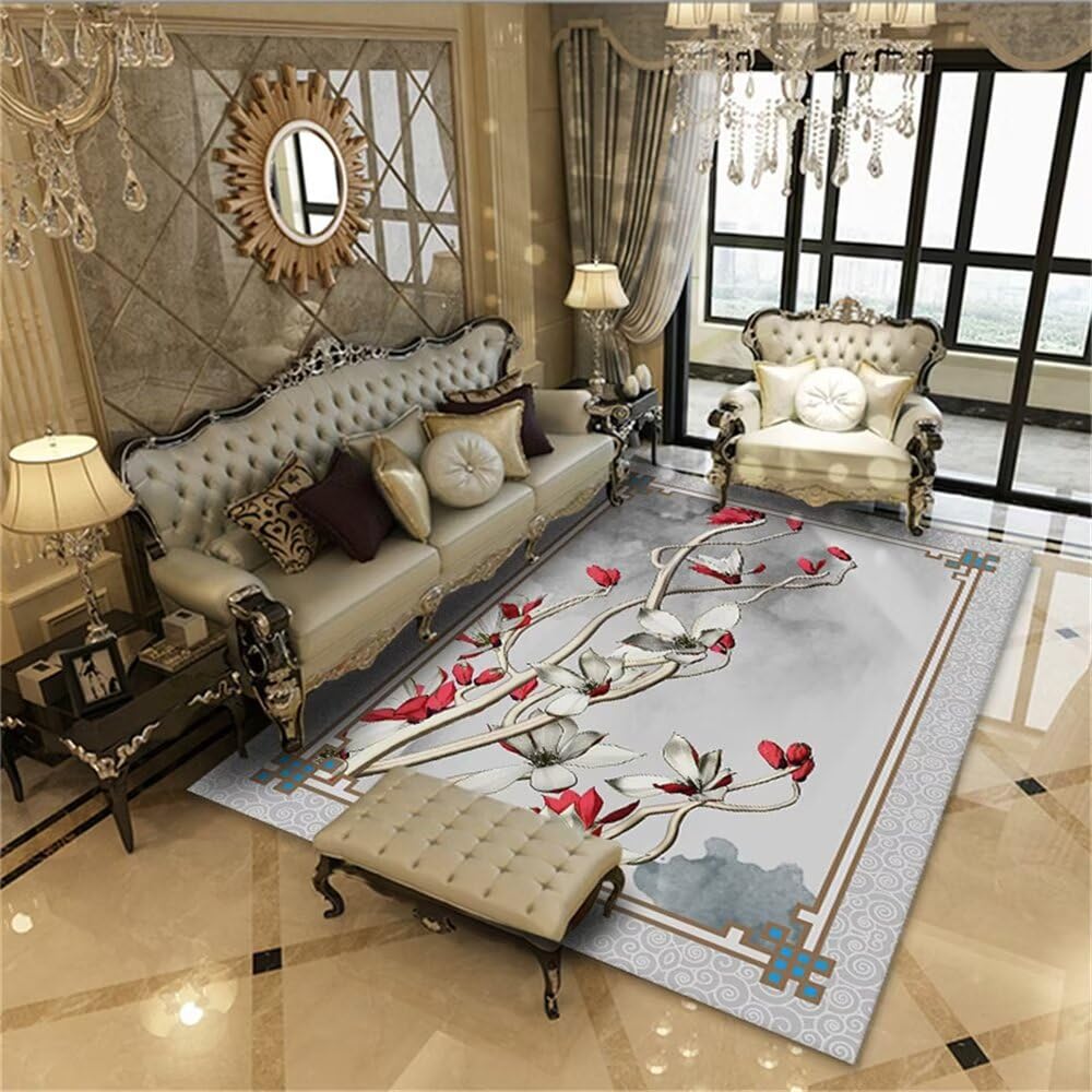 Tapis de sol enfant résistant aux taches moquette salon gris au motif floral oriental