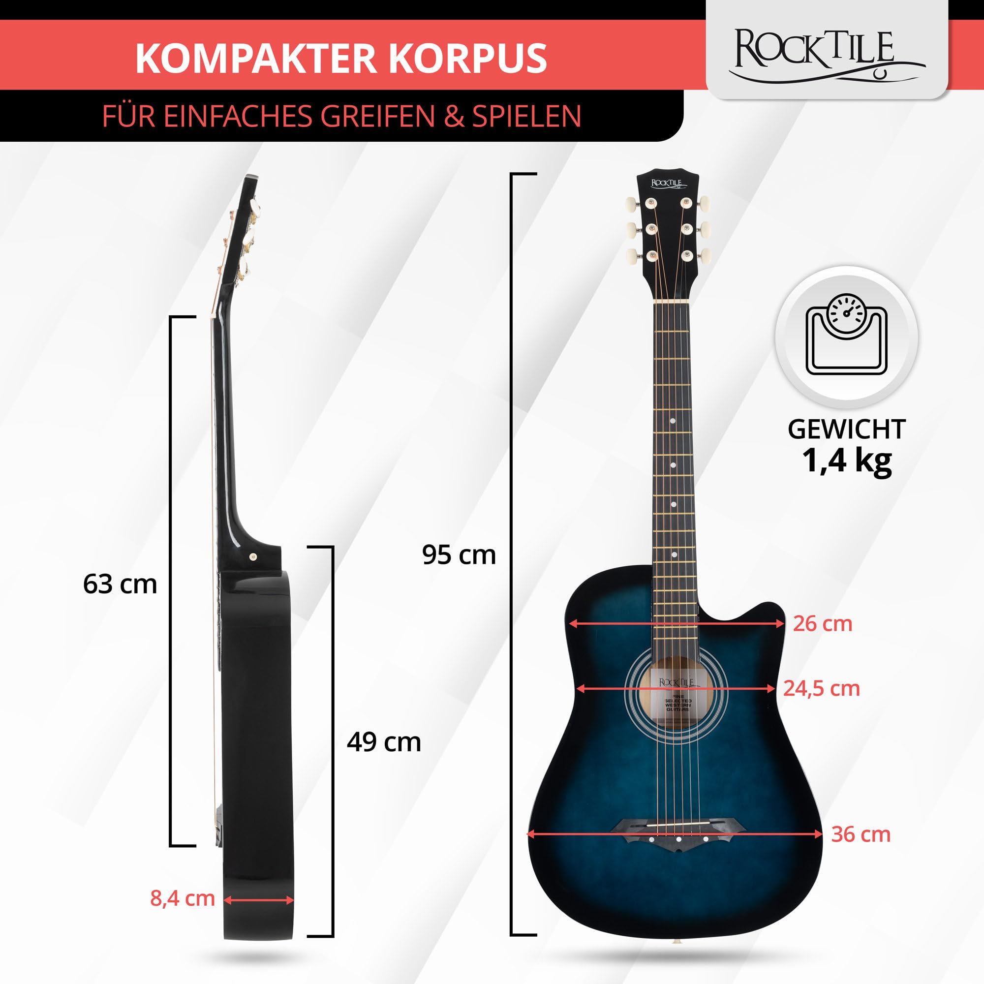 Rocktile WSD-5C-BUB Slim Line Set de Guitares Western - Guitare Acoustique Dreadnought - Corps en Tilleul - Manche : Catalpa - Set incluant housse, cordes de rechange, sangle et médiators - Blueburst