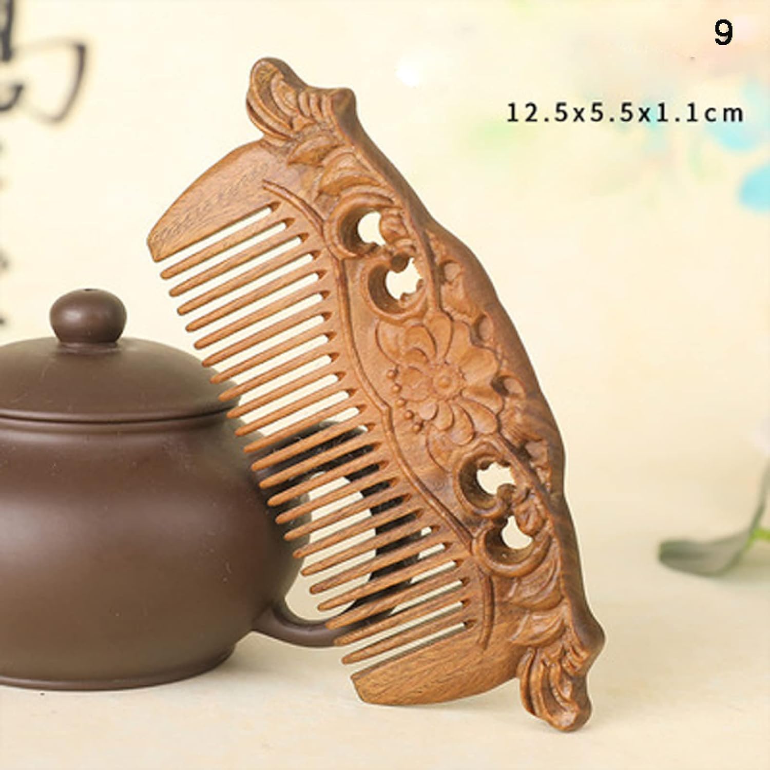 grzebień, grzebień z szerokimi zębami do loków, Hand carved Sandalwood Craft Comb Natural Green Sandalwood Embossed Wooden Comb Wooden Comb Gift,07 (Color : 9)