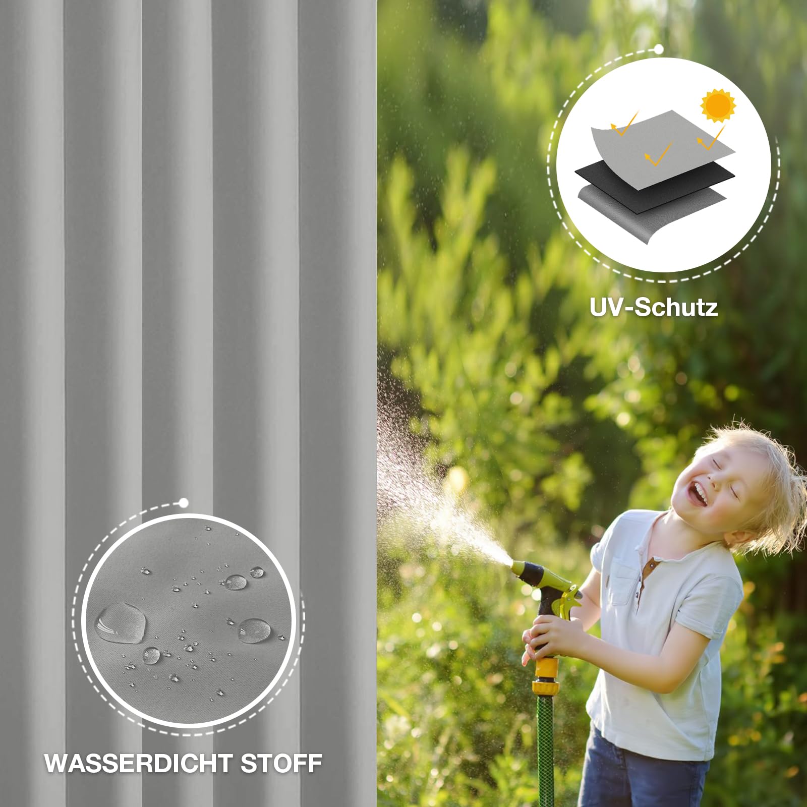 Outdoor Vorhang Wetterfest B254xH213CM, Wasserdicht Outdoorvorhänge mit Ösen, Aussen Gardinen Winddicht Sonnenschutz Sichtschutz für Garten Terrasse Balkon Pergola Pavillon (Hellgrau)