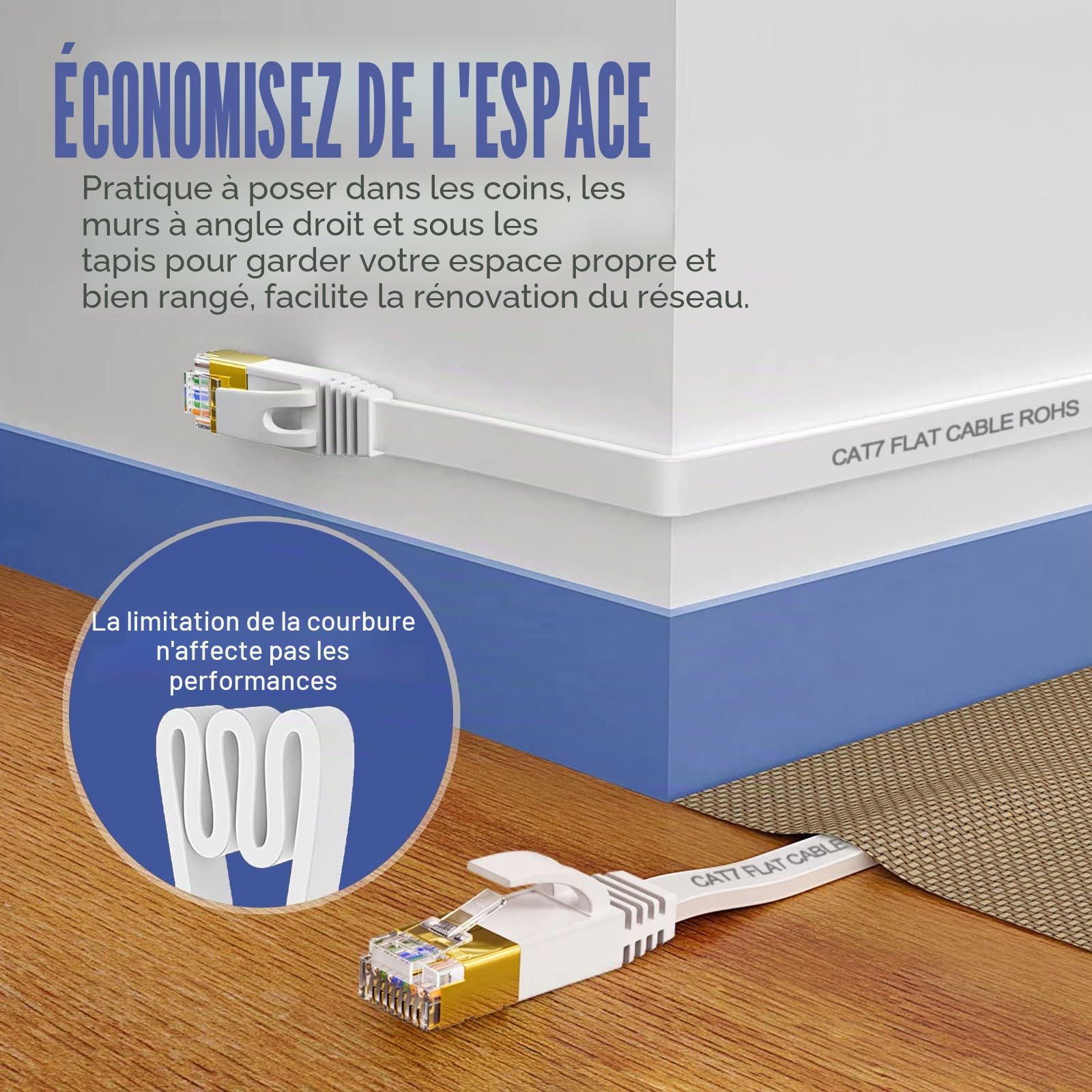 ikbc Cable Ethernet 50m, Cat 7 Cable RJ45 50m Câble Réseau Blindé, Plat Câble Internet Haut Débit 10Gbps 600MHz S/FTP, Long Blanc LAN Extérieur Intérieur Imperméable Pour Routeur Modem PC (50 Clips)