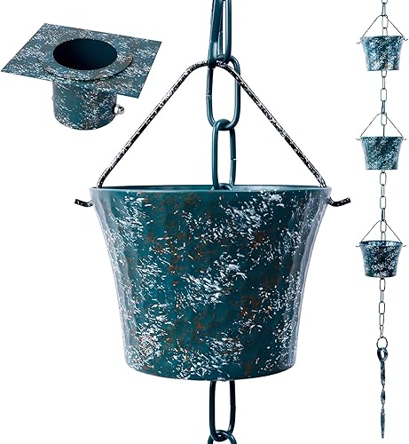 Cadena de lluvia para canaletas con adaptador, juego de cadenas de lluvia de hierro forjado de 8.5 pies, no se oxida, tiene que drenar con estaca de