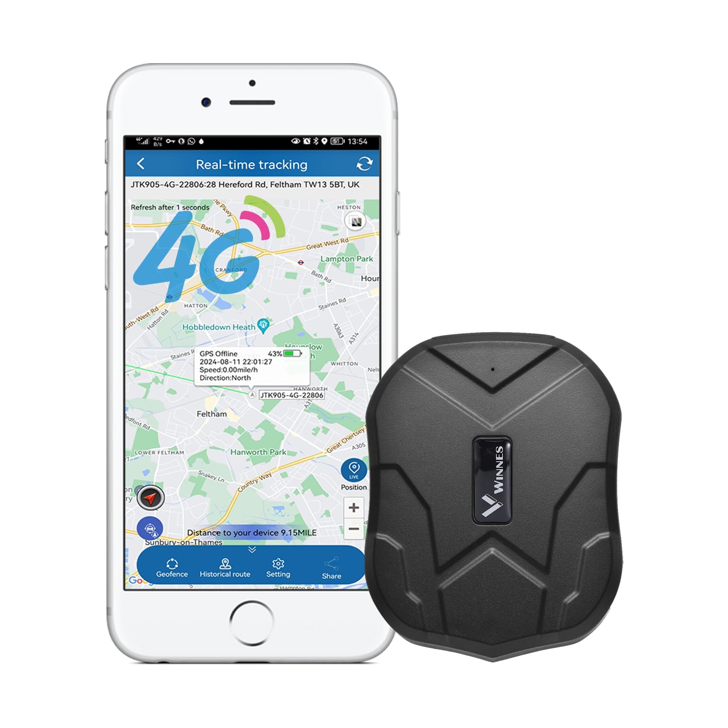 Tracker GPS Winnes Traceur GPS Voiture 4G LTE Distance Illimitée Suivi en Temps Réel Distance Infinie Aimant Intégré Étanche Gérer Plusieurs Tracker Simultanément Alarme Mobile Traqueur Portable TK905