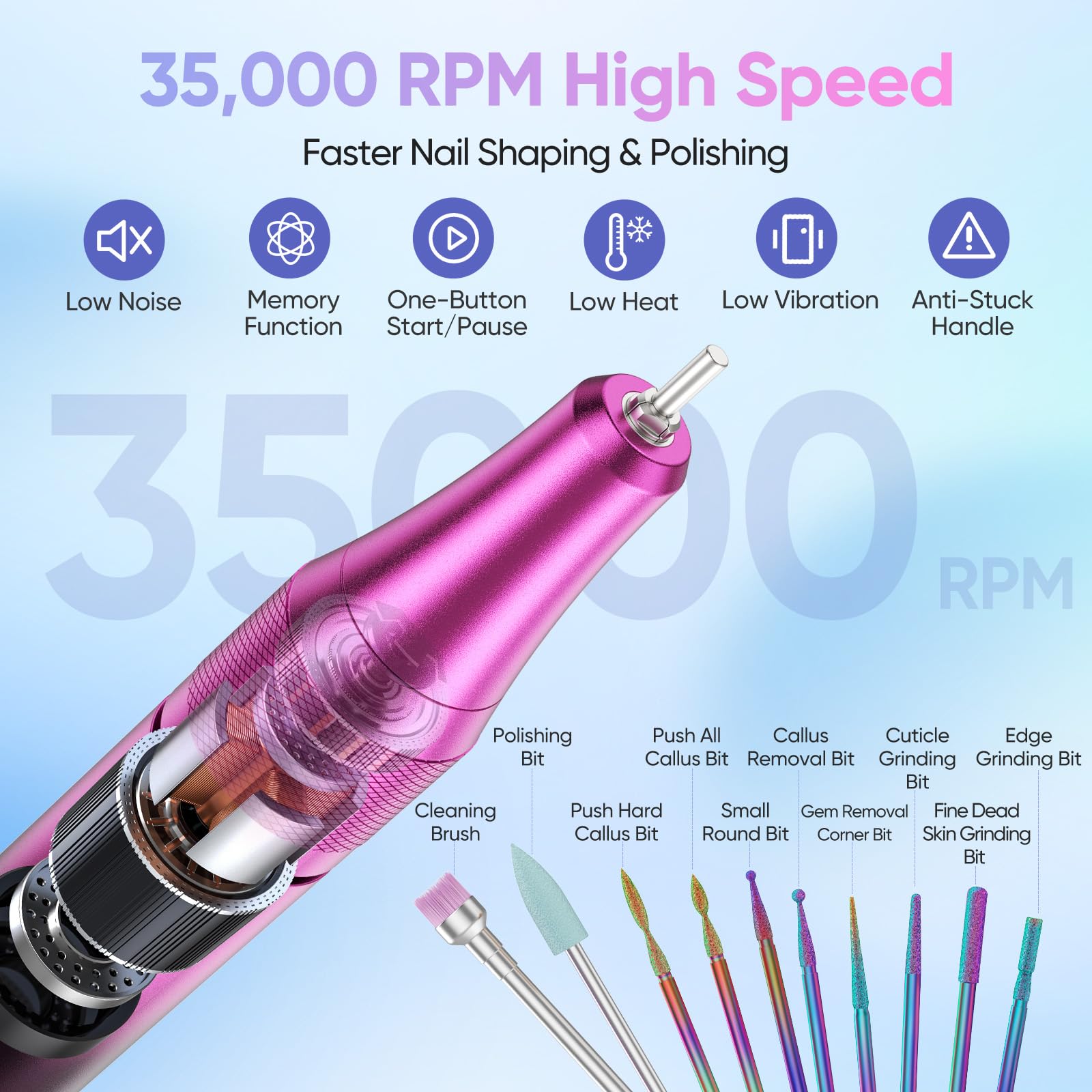 Taladro de uñas eléctrico con 12 accesorios de pulido y 30 bandas de lija, 0-35.000 rpm, set de manicura/pedicura para manicura y pedicura para cortar, limarlas, dar forma, cuidar las uñas y la