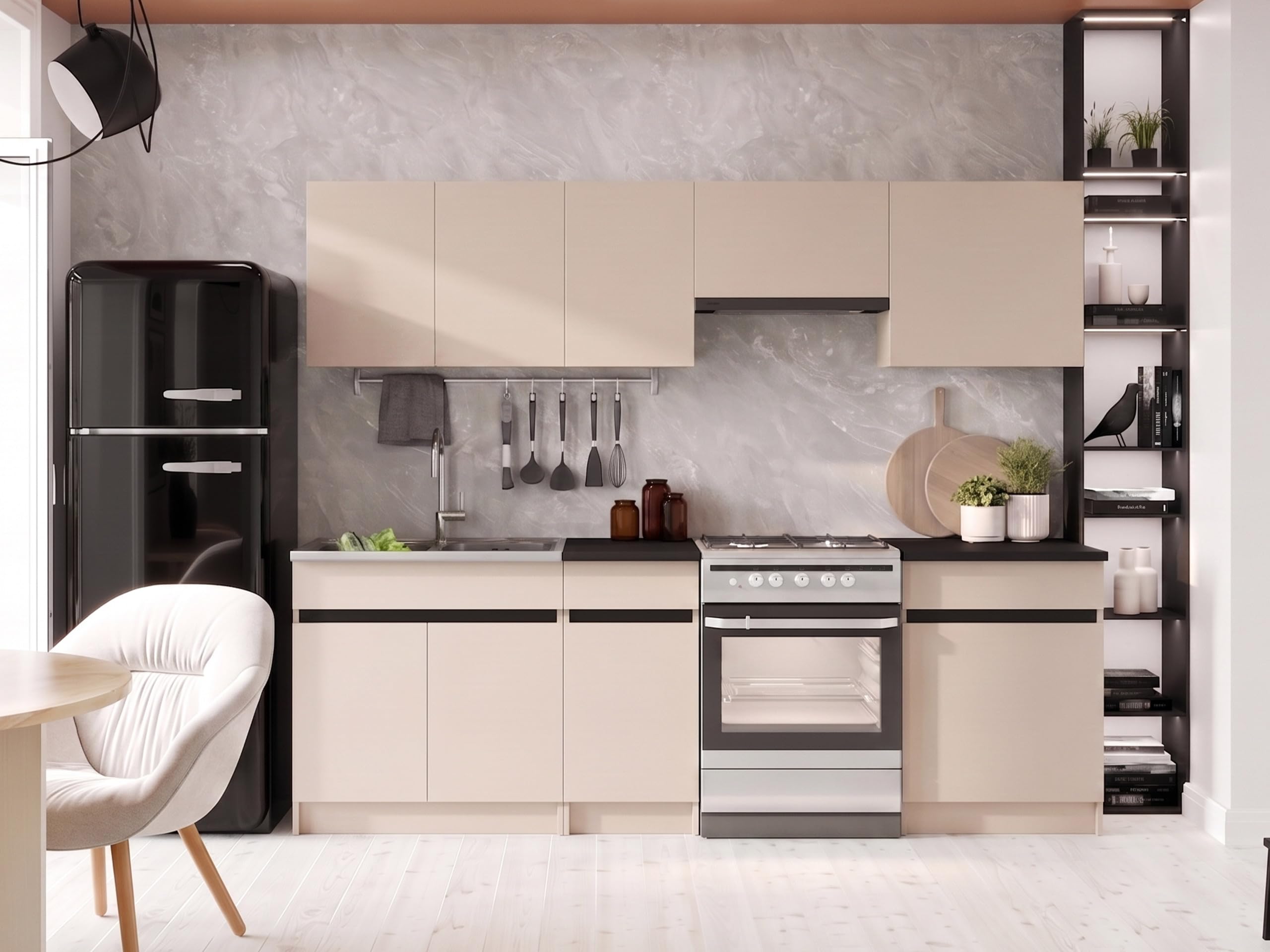 Mirjan24 Etinl Küchenmöbel Set 240/180 cm mit Arbeitsplatte - Moderne Einbauküche, Hängeschränke & Unterschränke, 7 Schrank-Module (Cashmere + Schwarz)