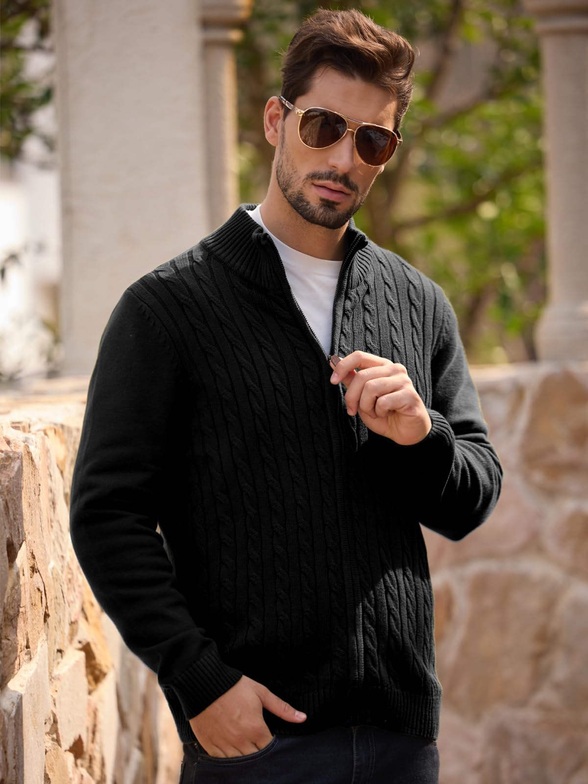 Les umes Cardigan da uomo, a collo alto, con chiusura lampo, a maniche lunghe, a maglia