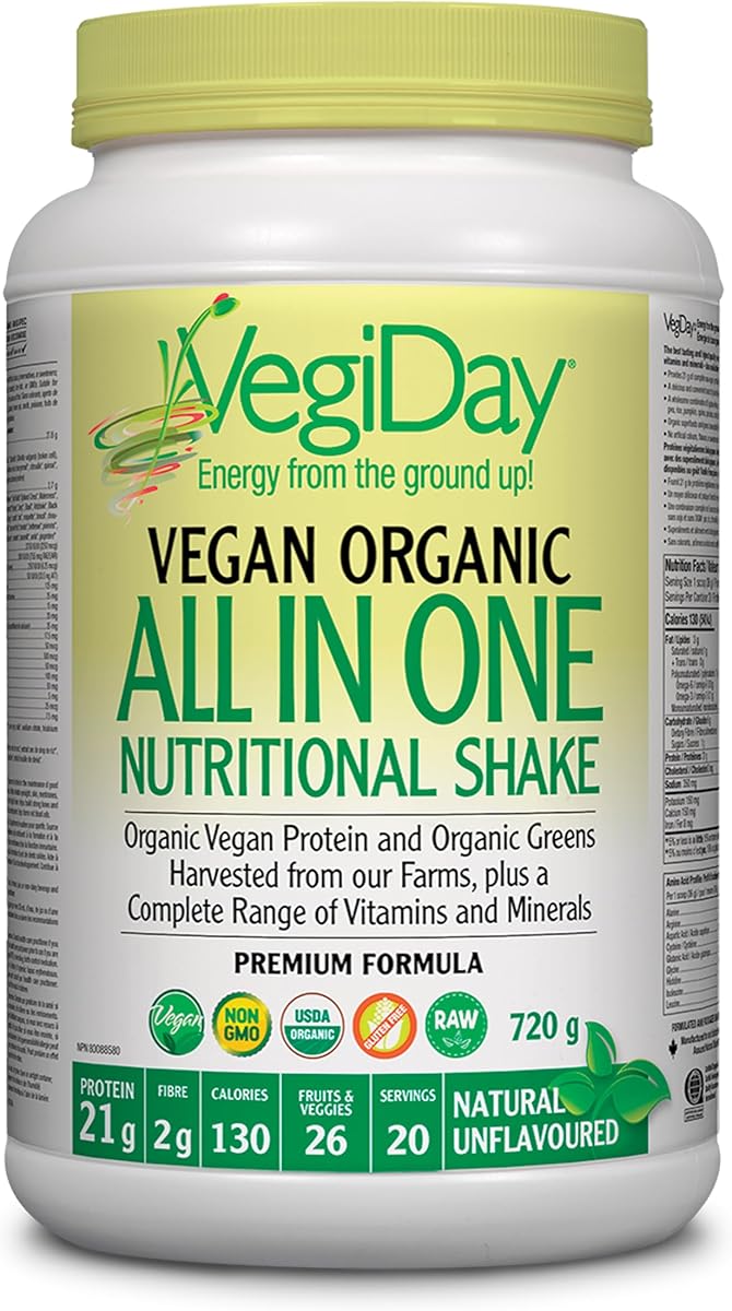VegiDay VegiDay Vegan ORGANIC All in One Nutritional Shake, Unflavoured, 720 g, Convenient Way to Boost Your Nutrient Intake, Non-GMO, Plant Based, 21 g of Vegan Protein Powder per Serving, 20 Servings, Proudly Canadian