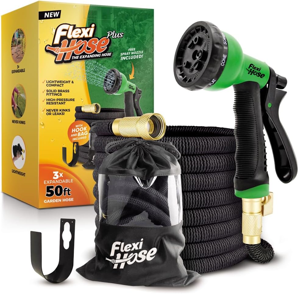 Flexi Hose Plus Expandable Garden Hose with 8 Function Nozzle, 50FT - Lightweight Retractable Garden Hose, Water Hose - No-Kink Flexibility, 3/4 Inch Solid Brass Fittings Includes Hook & Bag - Thumbnail 2