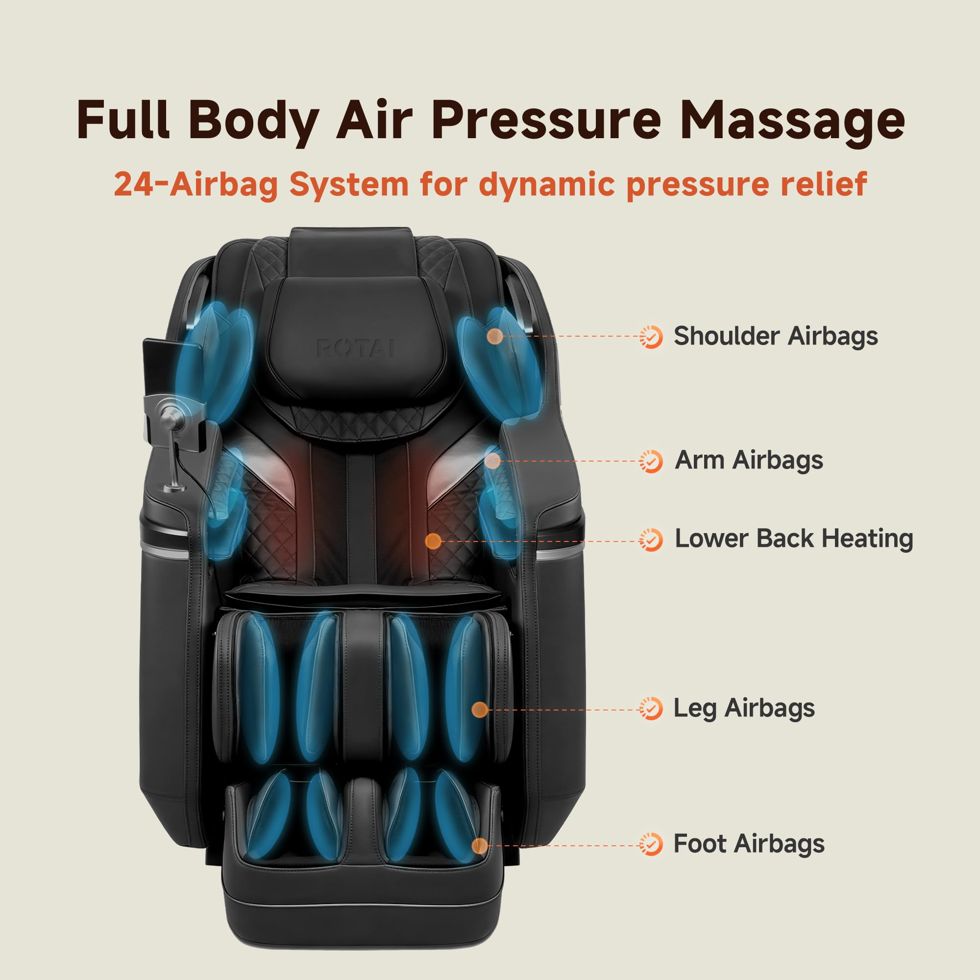 ROTAI 4D Massagesessel, SL-Track Ganzkörpermassage mit Bodyscan, Zero Gravity, Luftkissenmassage, Heizung, Bluetooth, Luxus Wellness Sessel für Zuhause–Schwarz
