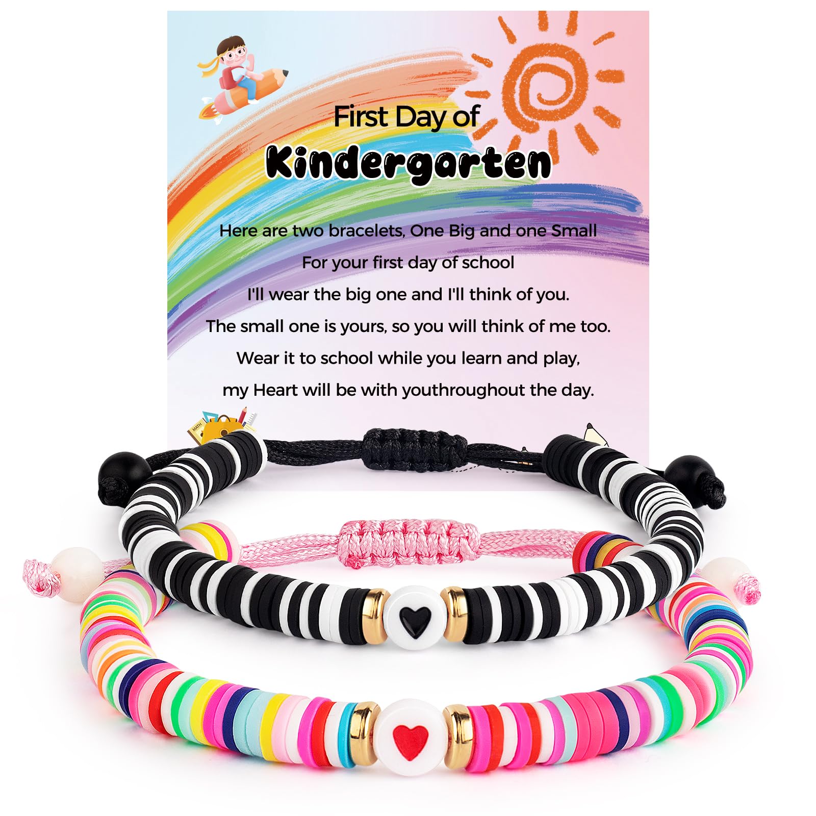 First Day of School Mommy and Me Matching Bracelet Set kindergarden Pre-K Back to School Gifts Adjustable Heart Clay Bead Jewelry for Mother Daughter Dad Son