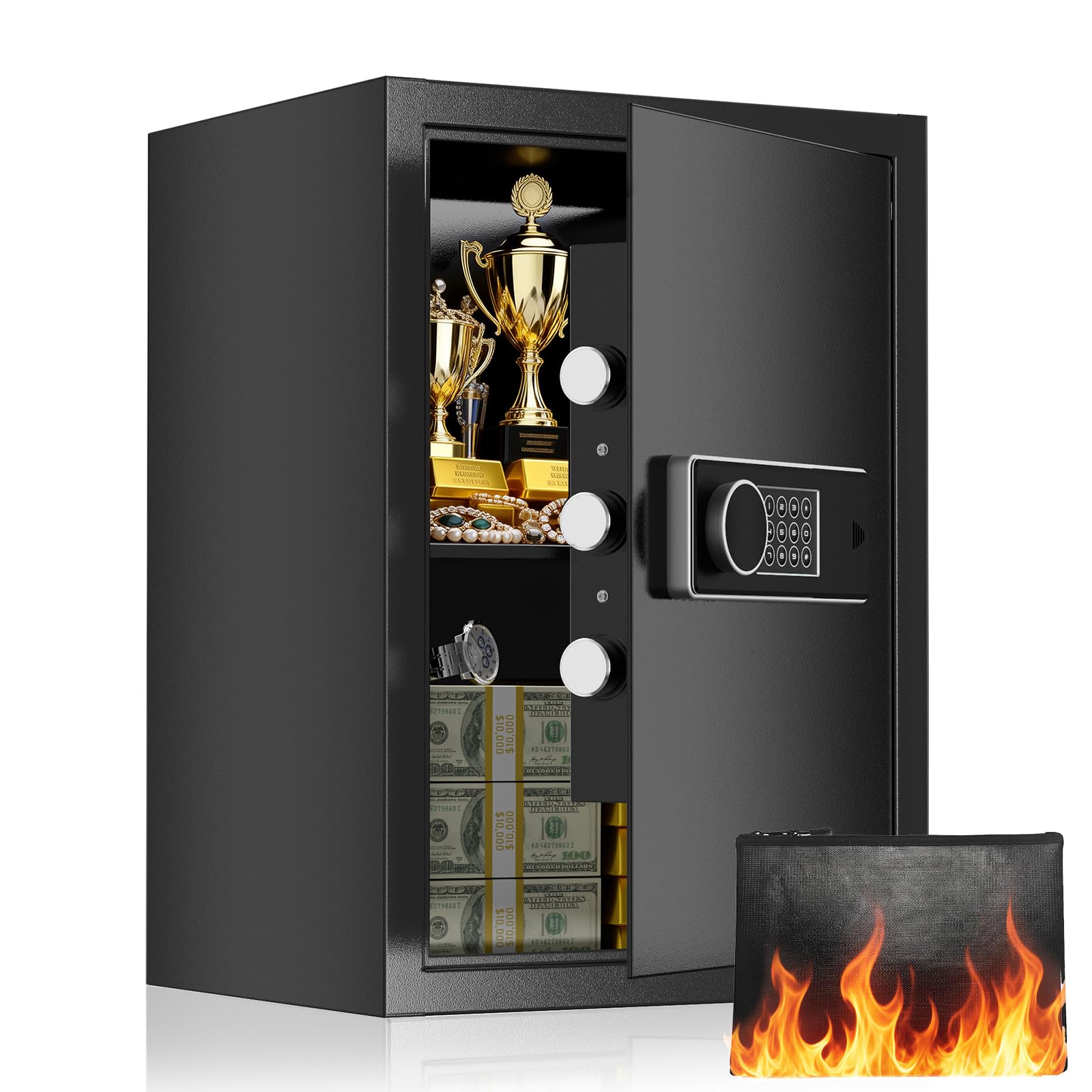 19.7 inch tall large safe box, 3.4 cuft home safe with fireproof bag, anti-theft lock box with alarm system and digital keypad for document, cash, valuables