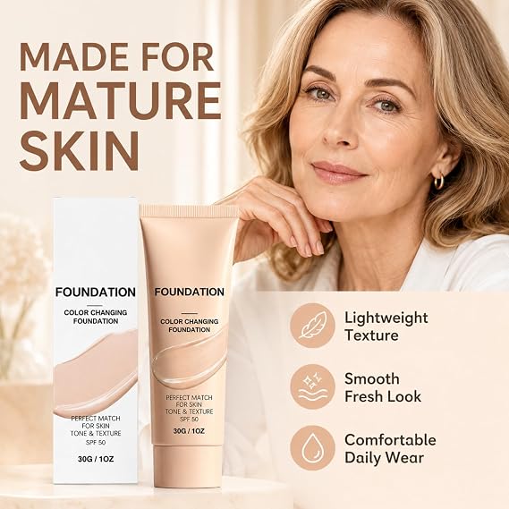 Intelligent Colour Changing Foundation for Mature Skin - 30ml Skin Tone Self Adjusting Colour Change Foundation, Lightweight Buildable Colour Corrector with Hydrating Dewy Finish for Women
