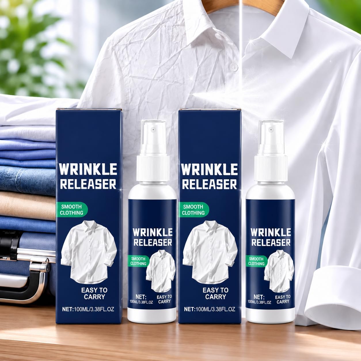 Instant Wrinkle Releaser Spray, Wrinkle Release Spray Travel Size, No Iron, Travel-Ready, Static-Free & Fresh, Smooths Creases in Seconds, Wrinkle Release Spray,Safe on Linen & Cotton (2PC)