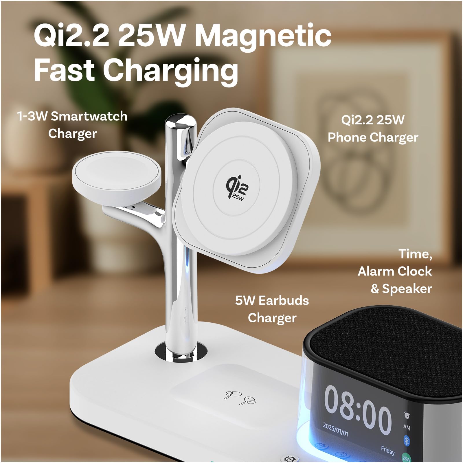 Caricatore Wireless Magnetica 5 in 1 con Sveglia, Altoparlante Bluetooth e Luce Notturna LED per MagSafe di MMOBIEL – Stazione Ricarica Qi2.2 25W per iPhone, per Apple Watch e per AirPods – Bianco