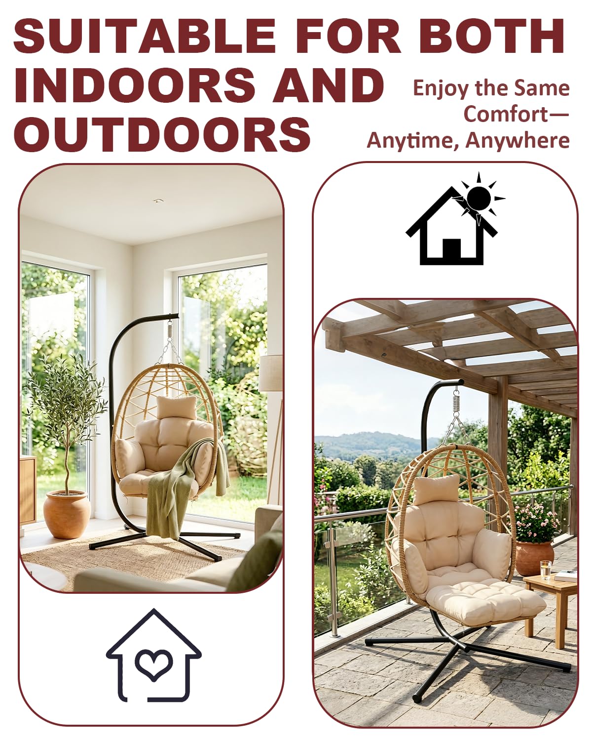 Hängesessel mit Gestell, Hängestuhl Outdoor mit Abnehmbarer Fußstütze, Garten Hängesessel mit Dickem Sitzkissen & Waschbarem Bezug, Hängeschaukel Bis 150kg, Hängestuhl für Leseecke Balkon Terrasse