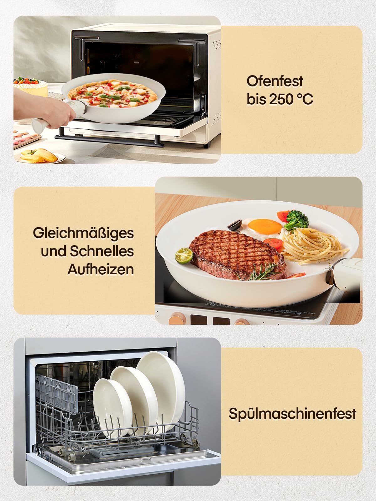FOHERE Pfanne Induktion, 3-Teiliges Pfannenset Induktion mit abnehmbarem Griff, Bratpfanne 28/24/20 CM für alle Herdarten, Ceramic Antihaftbeschichtung Pfanne, Backofenfest, Spülmaschinenfest, Beige