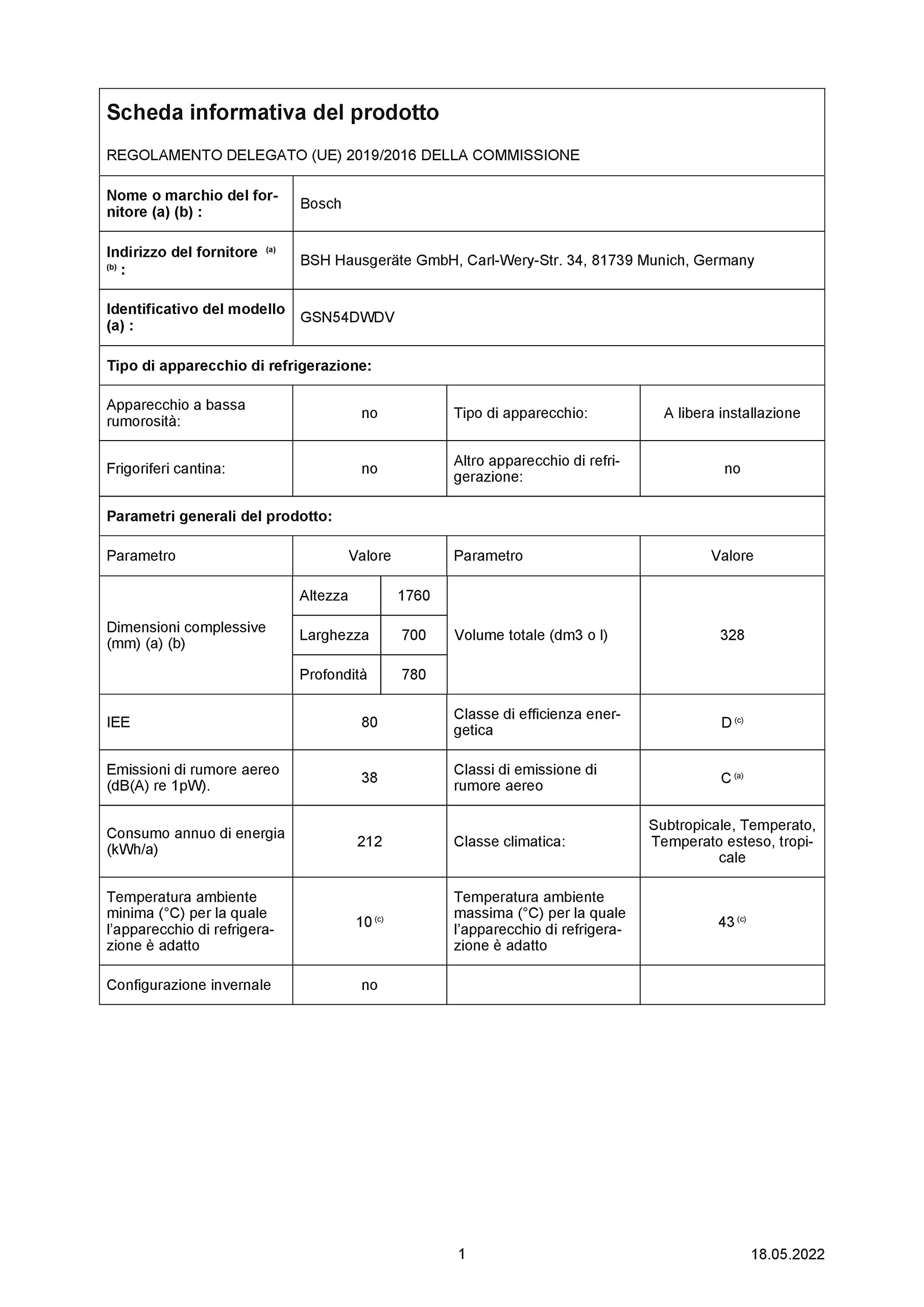 Bosch GSN54DWDV Serie 6, Congelatore monoporta da libera installazione, NoFrost, Cassetto BigBox, Tecnologia Inverter Intelligente, 176 x 70 cm, Bianco