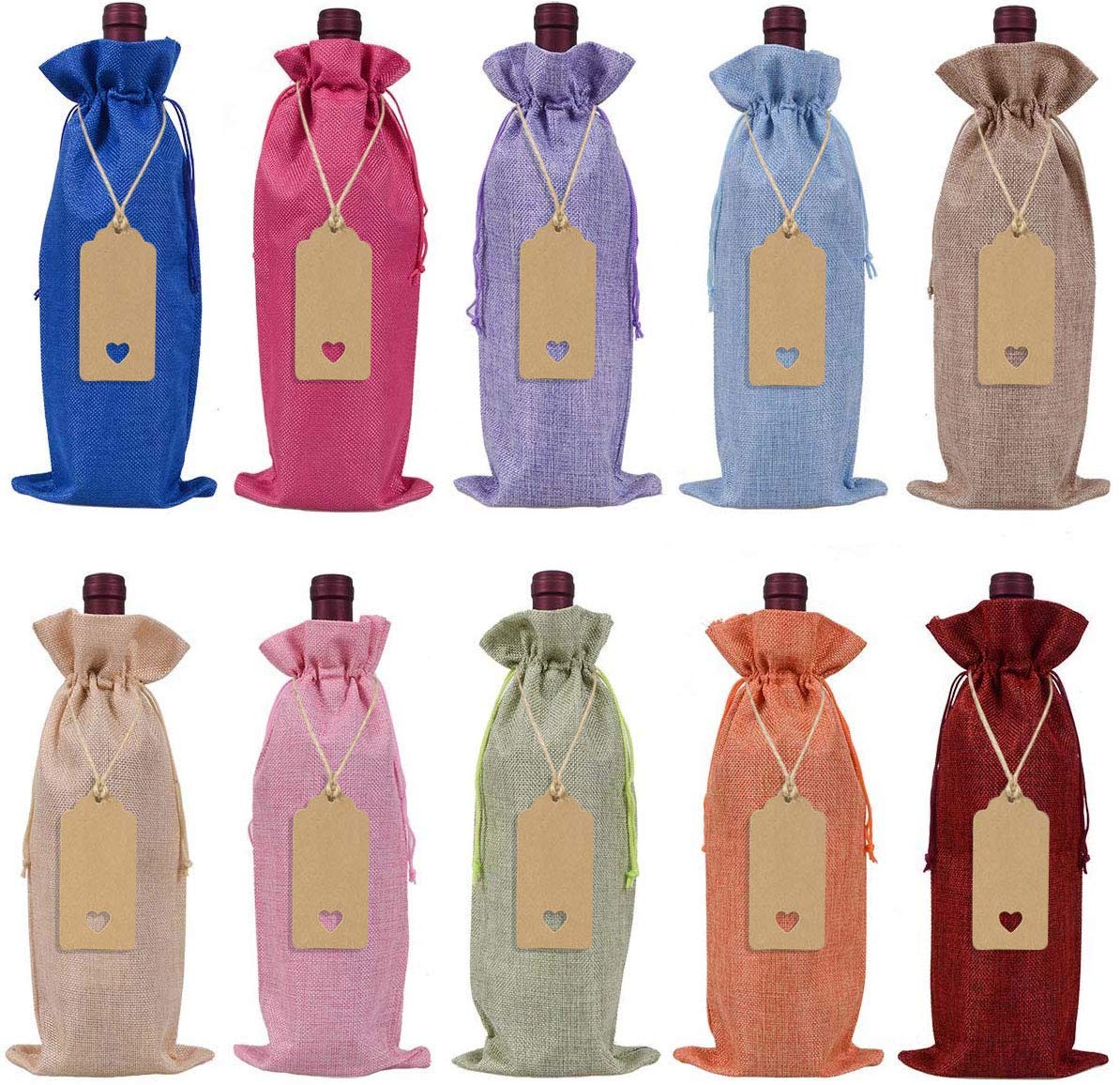 (10 Pcs) Burlap Wine Bags Wine Gift Bags with Drawstrings, Single Reusable Wine Bottle Covers with Ropes and Tags