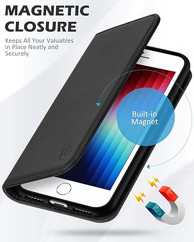 Miniatura 4 de SHIELDON Funda para iPhone SE 2022 5GSE 2020 de 4.7 pulgadas, iPhone 87 Funda tipo cartera de cuero genuino tarjetero Soporte magnético Flip Book