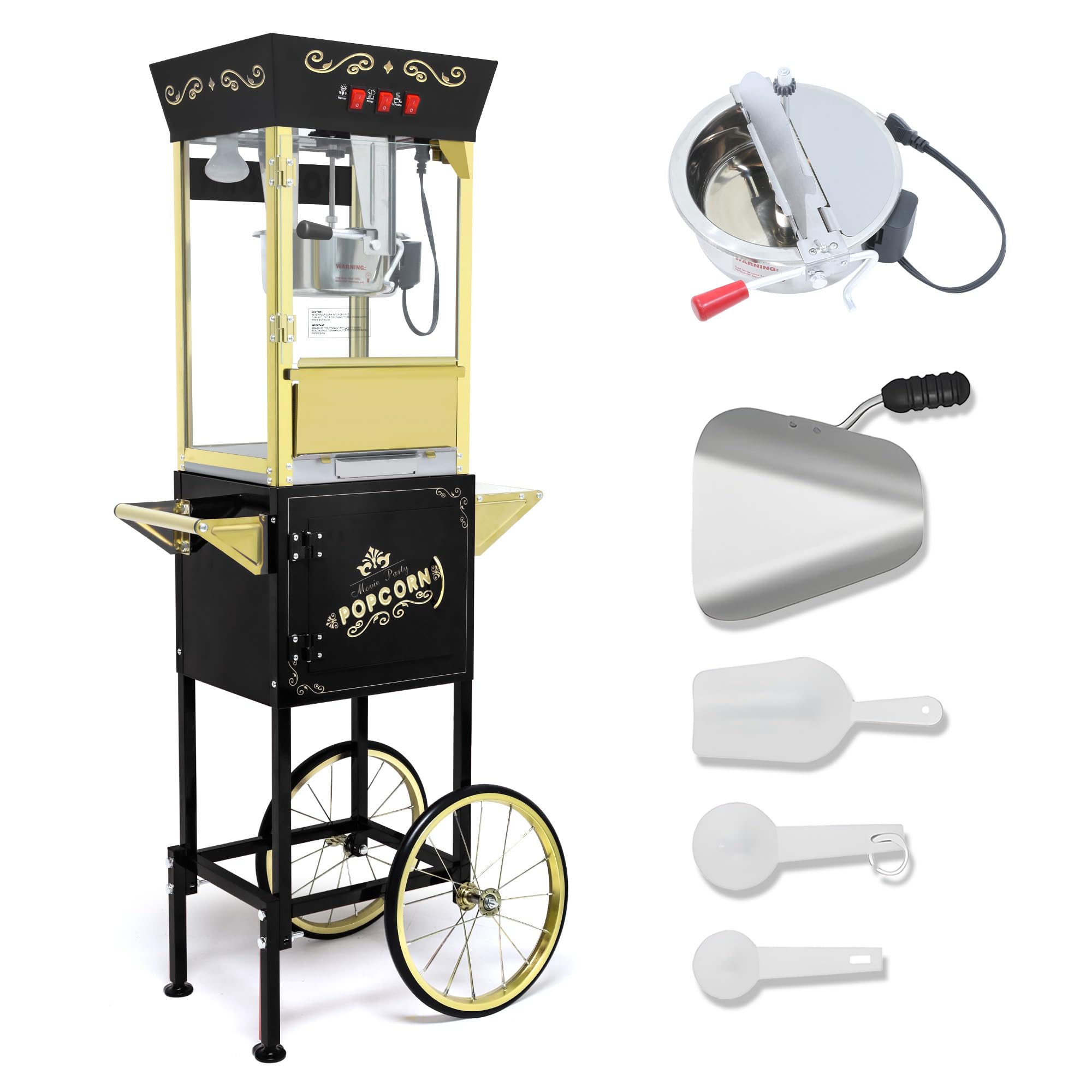 12oz Commercial Popcorn Machine with Cart, Vintage Theater Style Popper with Stainless Steel Kettle &amp; Wheels for Parties, Business, Home Events
