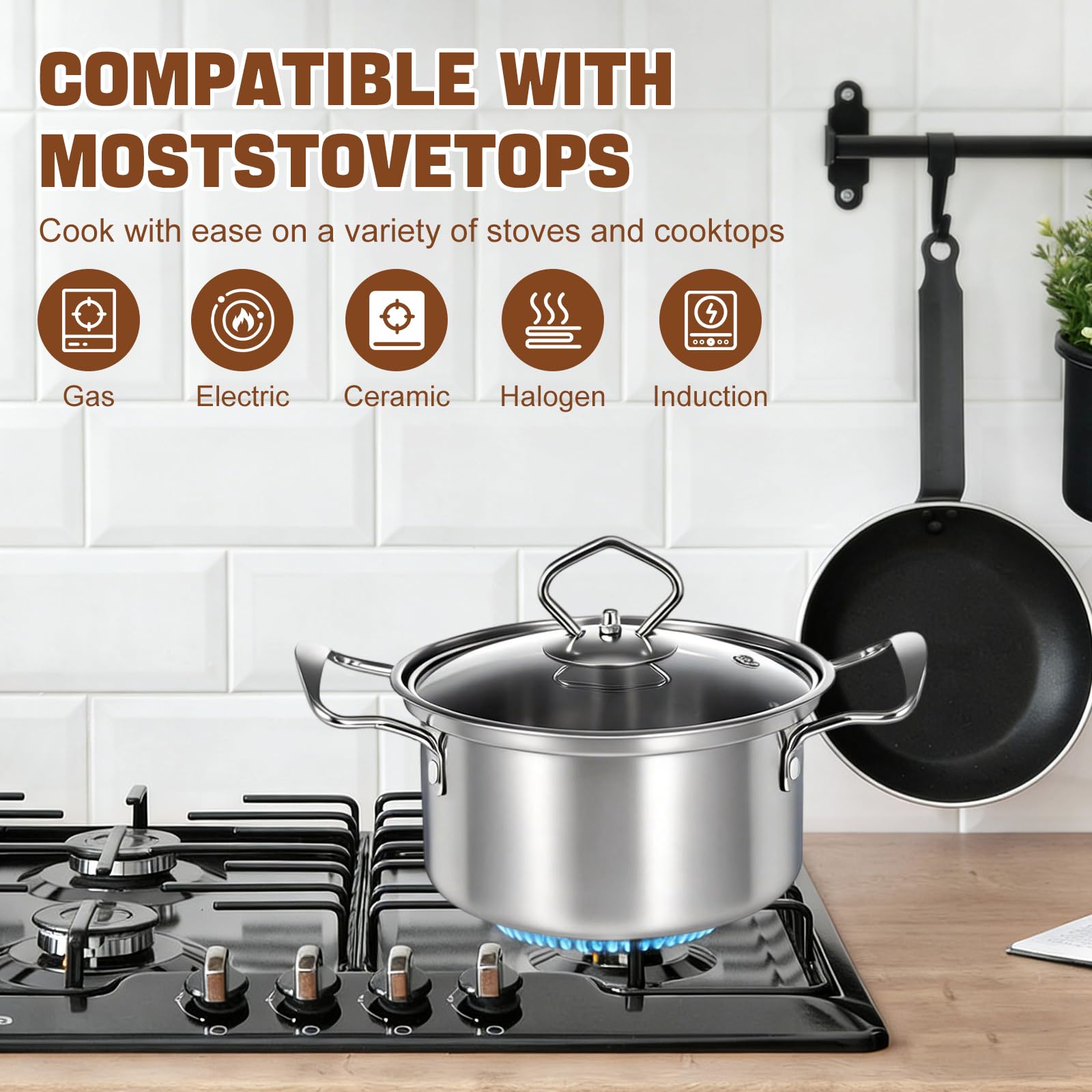 Lot de 10 Casseroles Inox avec Couvercles en Verre - Batterie de Cuisine Professionnelle - Sans Revêtement Antiadhésif - Compatible Induction, Gaz et Electrique - Ustensiles de Cuisson Tout Feux