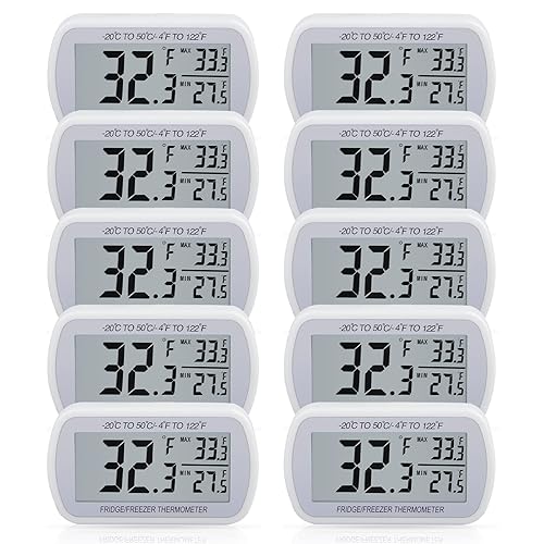 AEVETE Paquete de 10 termómetros digitales impermeables para refrigerador con pantalla LCD grande, termómetro para congelador con parte trasera