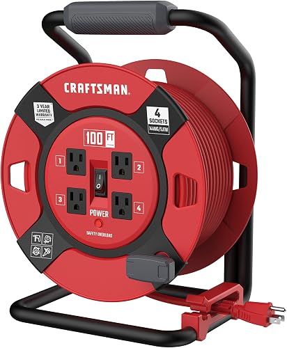CRAFTSMAN 100 Ft. Retractable Extension Cord Reel, 4 Outlets