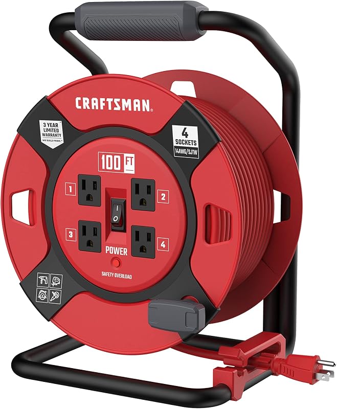 CRAFTSMAN 100 Ft. Retractable Extension Cord Reel, 4 Outlets | 14 AWG SJTW cable, heavy-duty build, ideal for garage or job site power