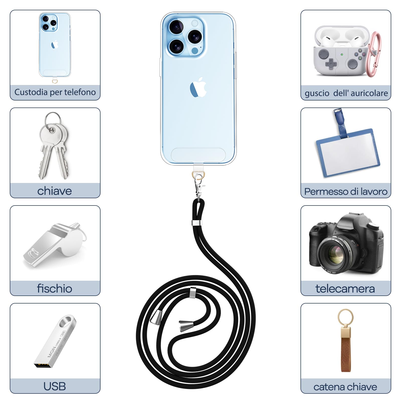caslord Cordino per Cellulare*1, Trasparente Patch Universali*2, Adatto a Tutti Gli Smartphone, Cinturino per Cellulare Abbinabile a Qualsiasi Custodia, Regolabile e Rimovibile - Nero