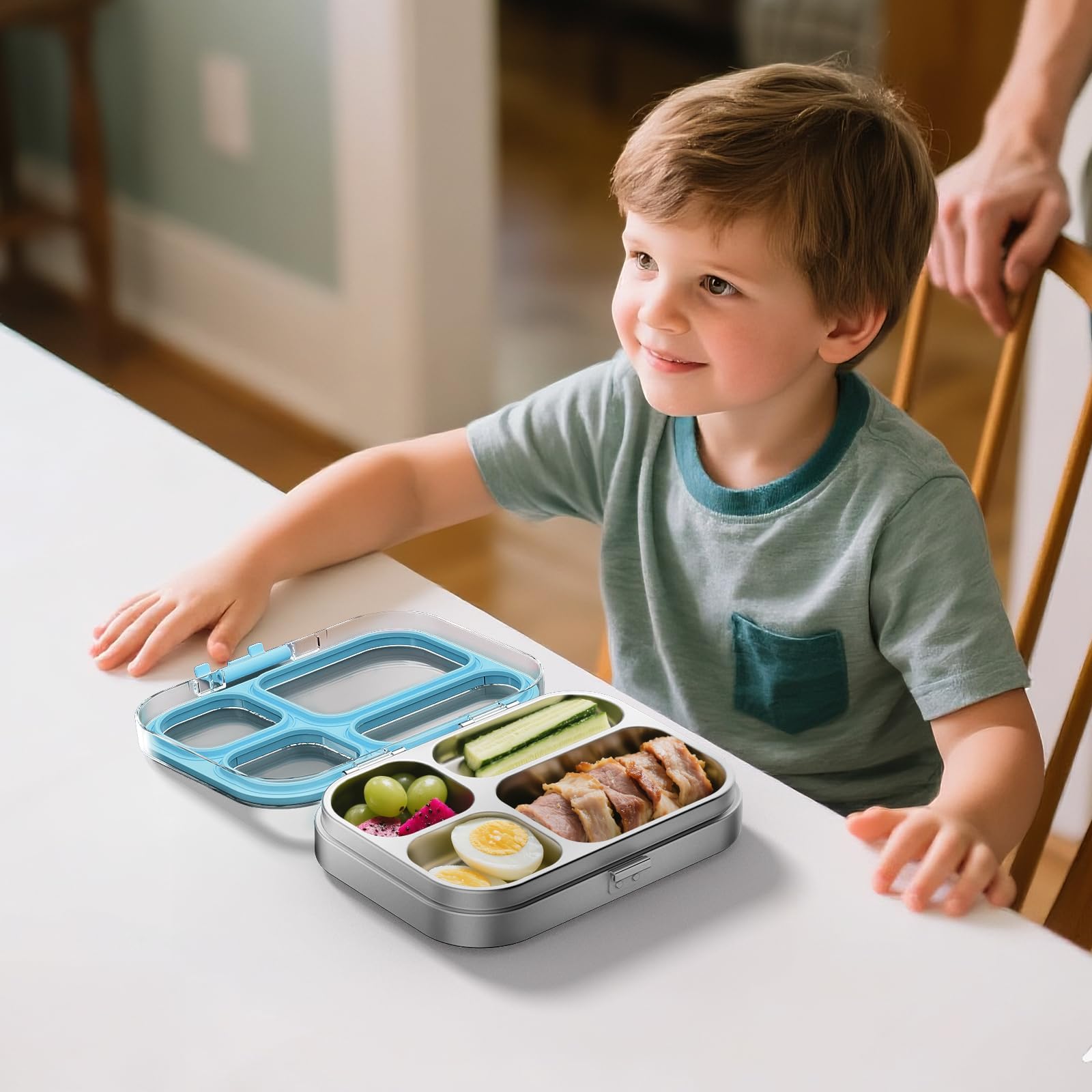 G.a HOMEFAVOR Boîte Bento en Acier Inoxydable 304 800ml pour enfants Boîtes-Repas 4 Compartiments Boîte Lunch Boite pour Le Déjeuner Alimentaires Bento Box étanches, lavable au lave-vaisselle, Bleu