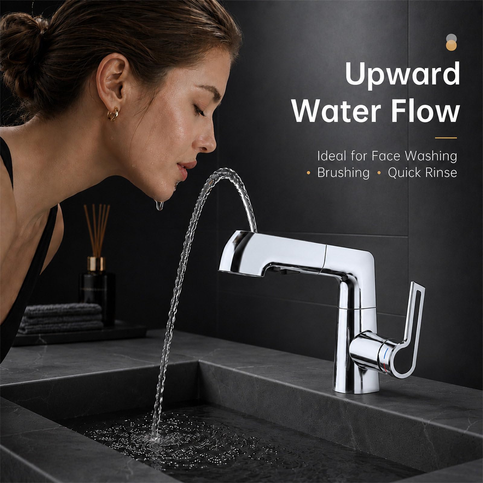 Grifo Lavabo Extraíble de Baño, Grifo de Altura Regulable con 3 Modos de Chorro, Mezclador Giratorio 360° de Latón Monomando, Agua Fría y Caliente, con Latiguillos Incluidos