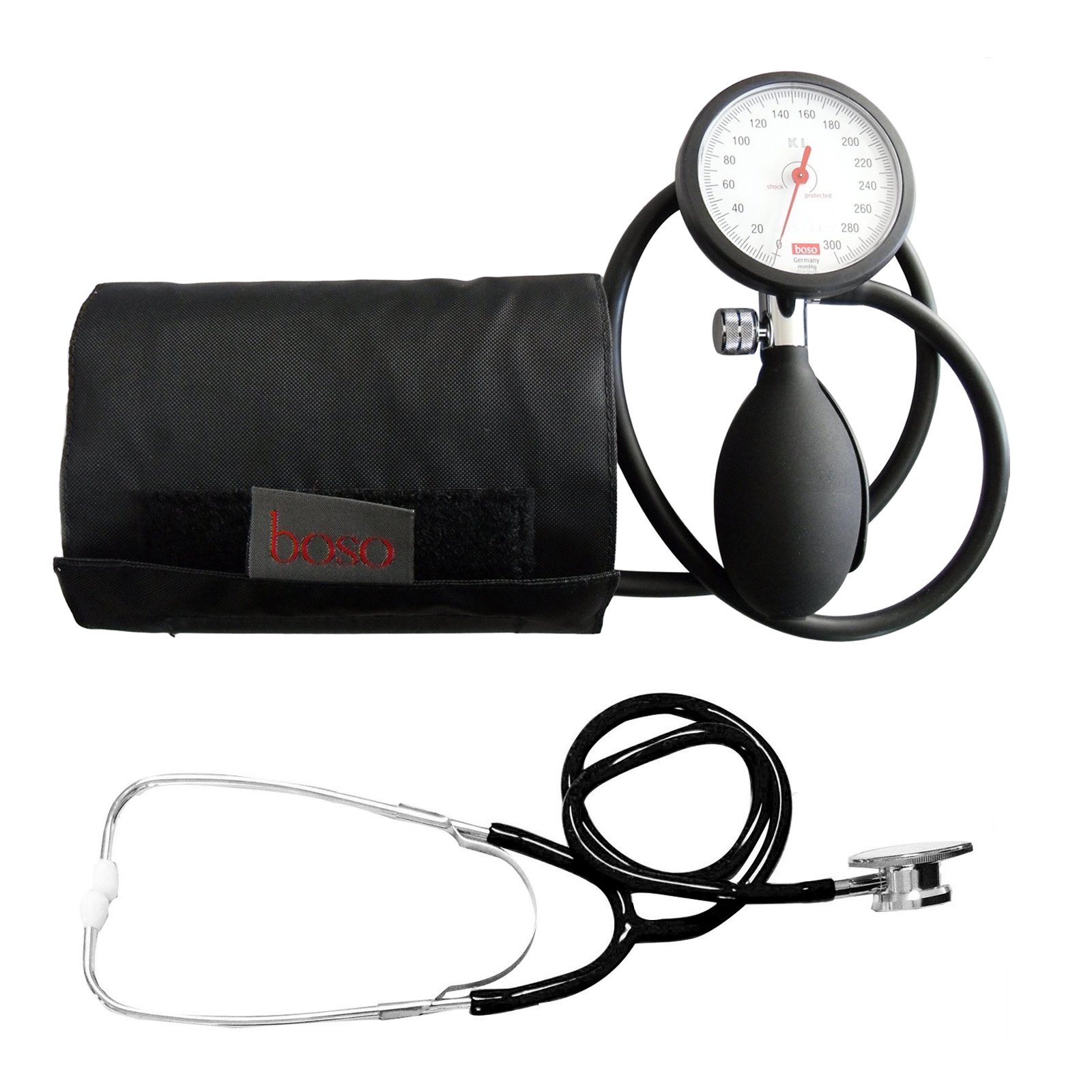 boso K1 shock protected – Sfigmomanometro manuale aneroide da braccio, set con stetoscopio doppia testa TIGA-MED, bracciale 22–32 cm, 1 tubo, Made in Germany