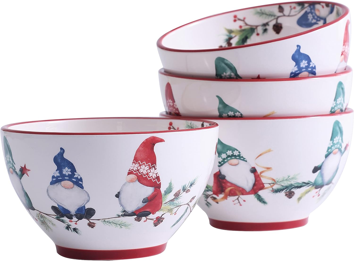 Bico Christmas Gnomes Cereal Bowls Set of 4, 29 oz Deep Ceramic Soup Bowls for Cereal, Salad, Noodles, Kitchen, Microwave and Dishwasher Safe, Gift for Housewarming and Christmas