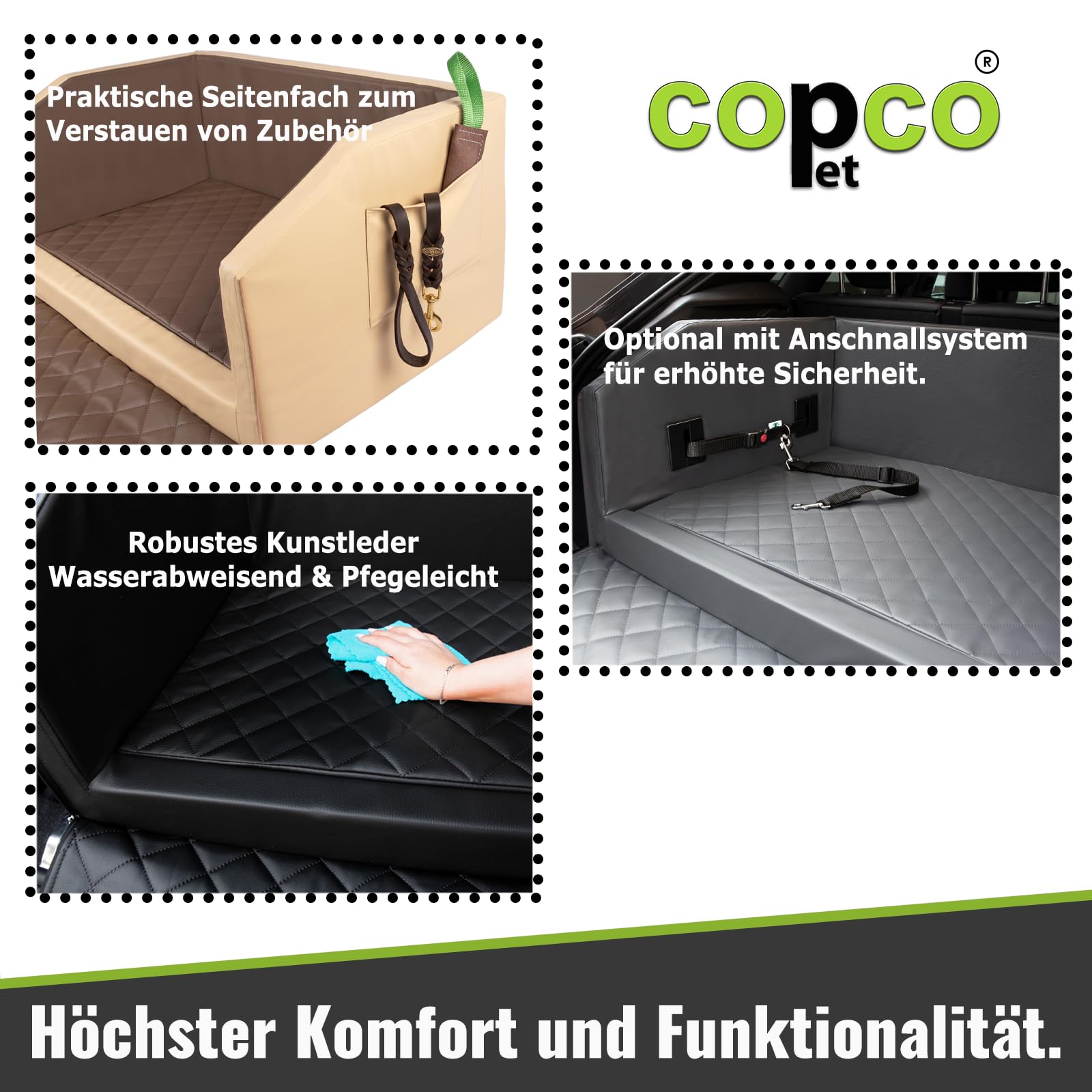 CopcoPet - Cama para perros Travel Bed para maletero de piel sintética de 100 x 70 x 38 cm - Protector para maletero de perro impermeable y resistente a los arañazos - Cama para perros Sistema de