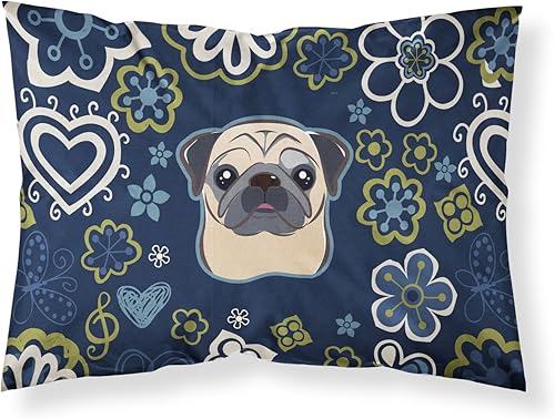 Caroline's Treasures BB5113PILLOWCASE - Funda de almohada decorativa de tela de pug cervatillo con flores azules, ligera, súper suave, fácil de