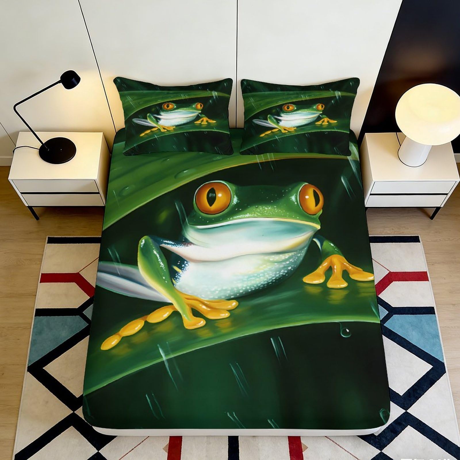 3D Printed Rainforest Frog Fitted Sheet Microfiber Soft Waterproof Jungle Leaf Bed Cover for Bedroom Guest Room Decor 160x200x25cm