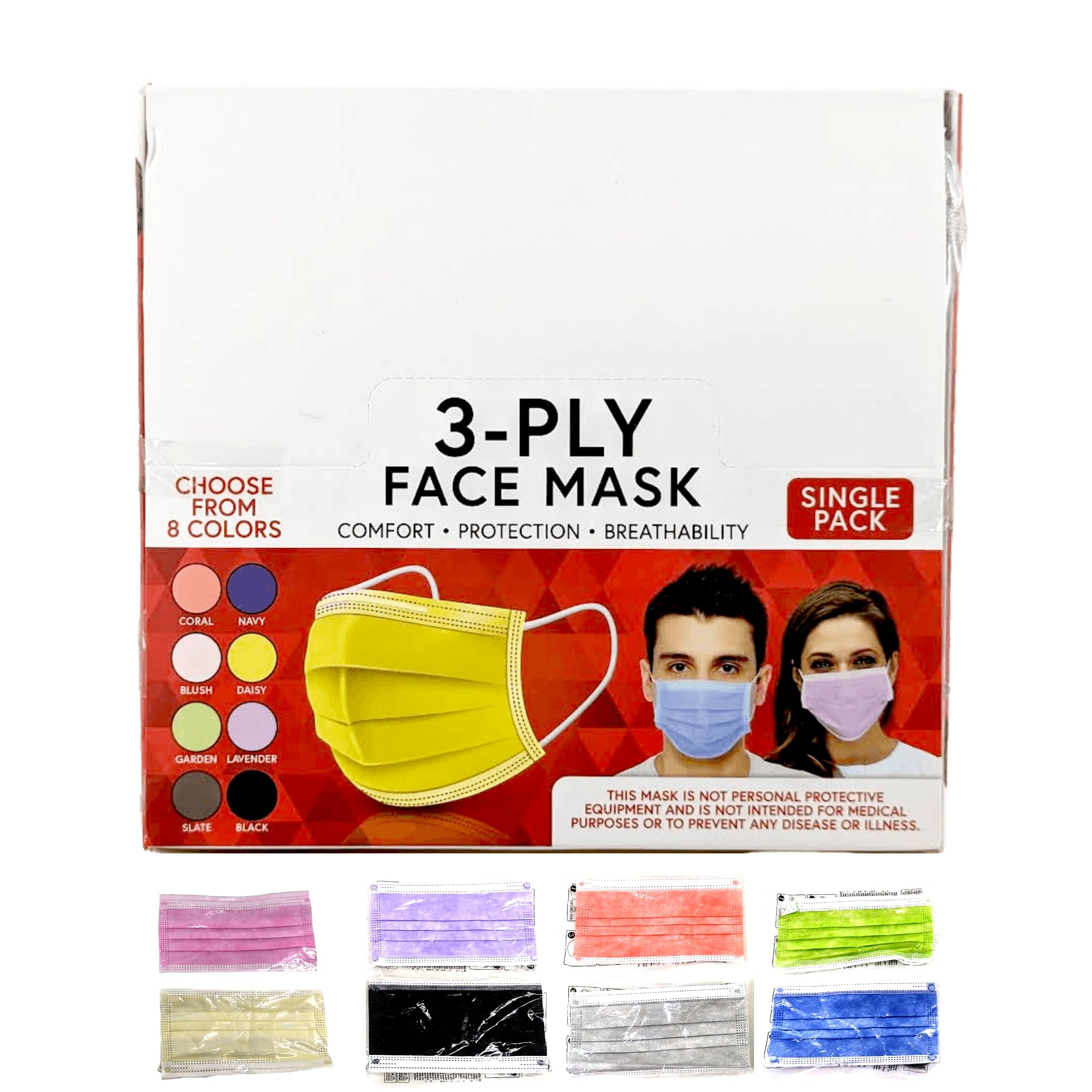 Disposable Face Masks Individually Wrapped 3-Ply Protective Breathable, 8 Fun Stylish Solid Colors Pink Lavender Yellow Gray Navy Green White Black