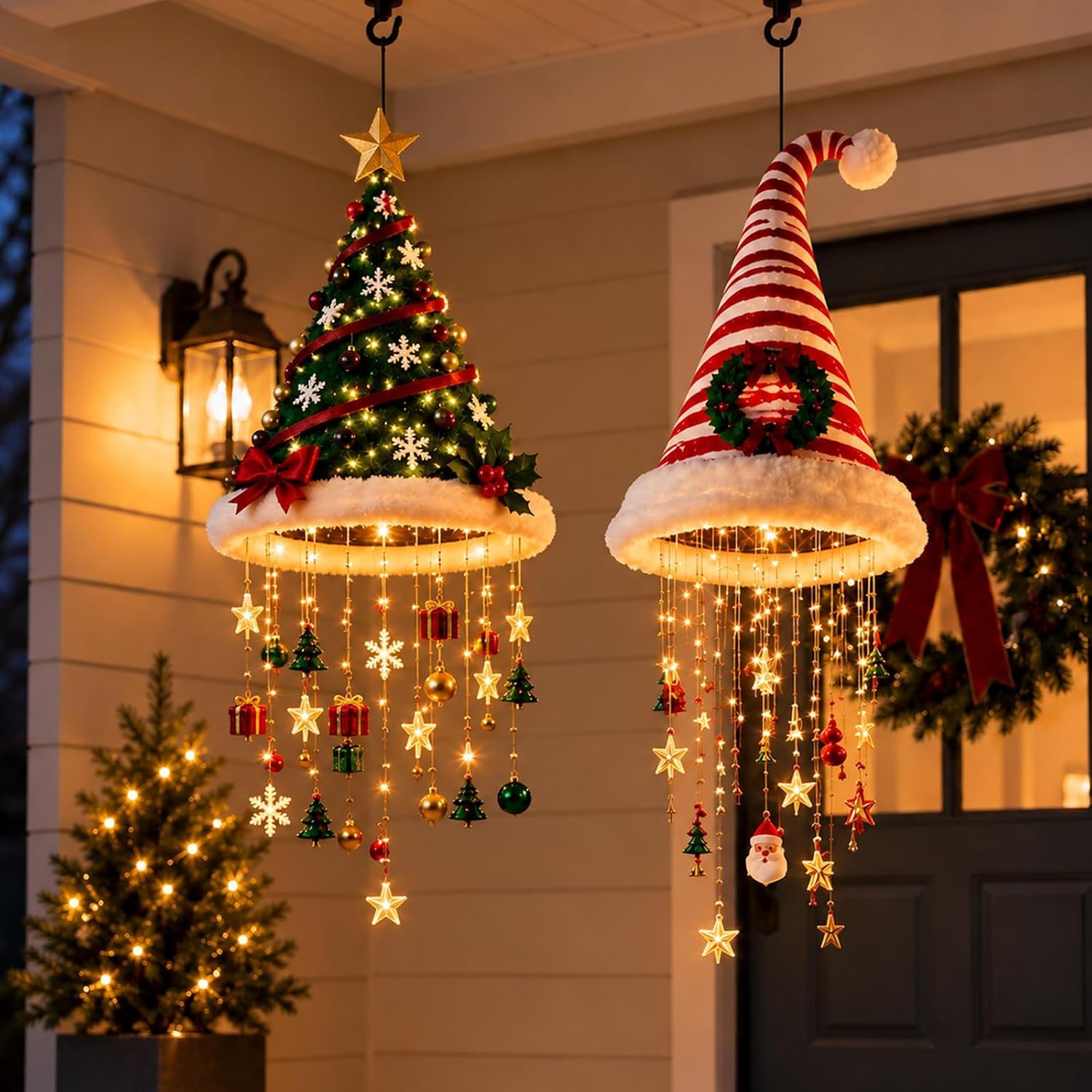 Lighted Santa Hat Chandelier Hanging Glowing Plush Lamp Warm Lights，Mix A