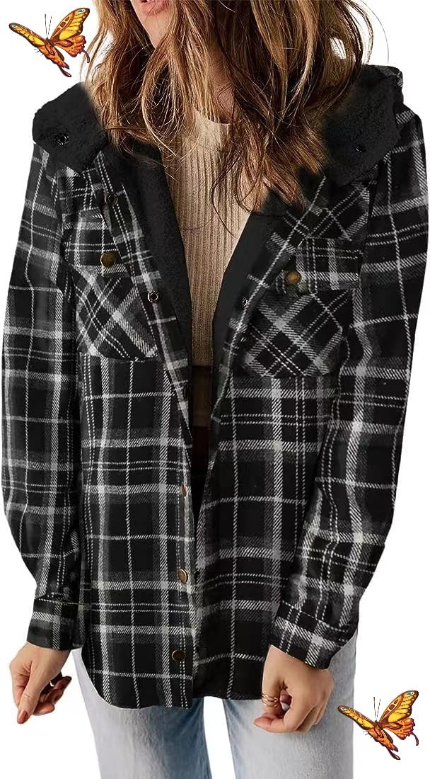 WAMIZEU Women's Flannel Plaid Fleece Hooded Shacket,Winter Jacket
