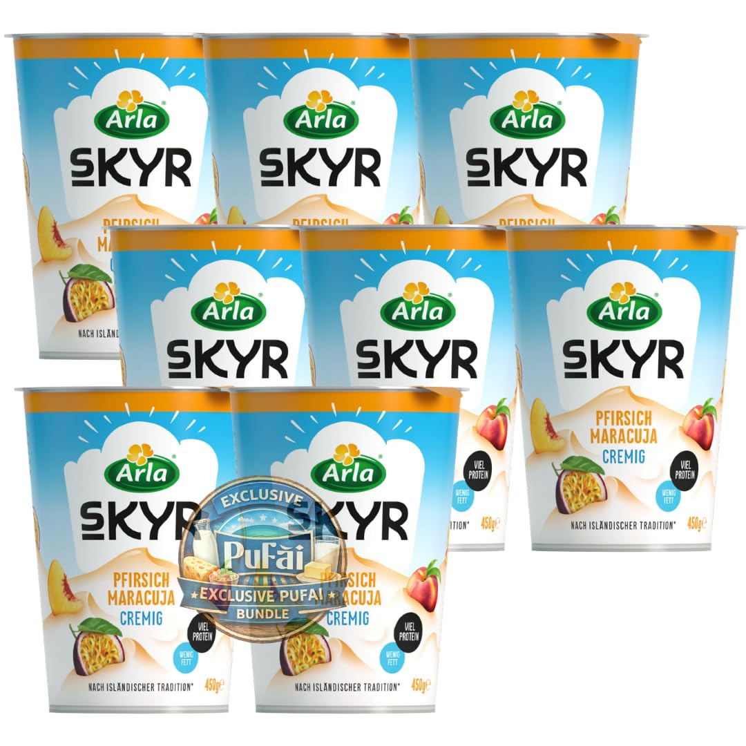 PUFAI Bundle – Arla Skyr Pfirsich Maracuja 450 g x 8 | Frisches Milchprodukt nach isländischer Art | Kühlpflichtiges Vorratspack